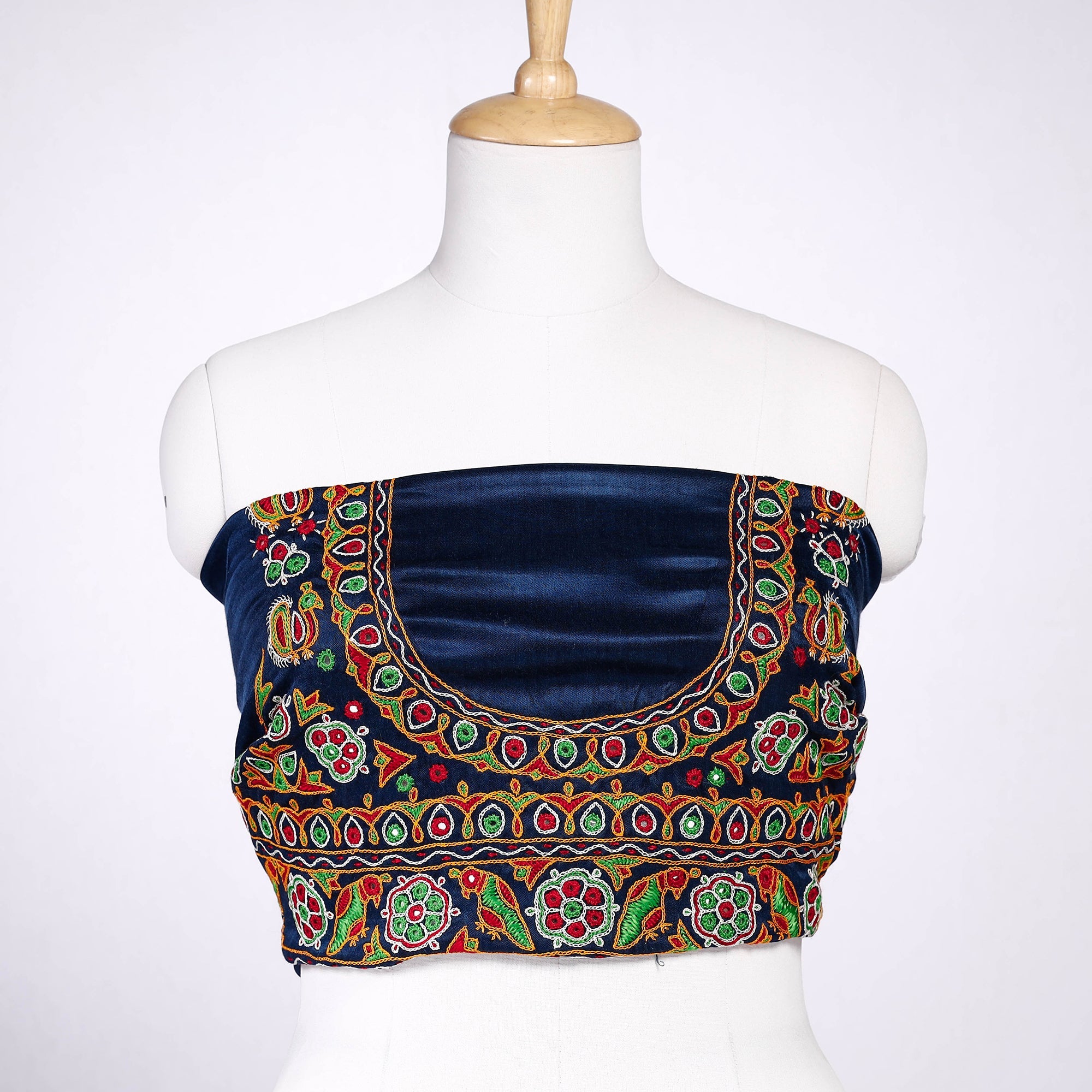 KACHCHH JI CHHAAP Blue - Ahir Hand Embroidery Kutch Mirror Work Mashru Silk Blouse Piece