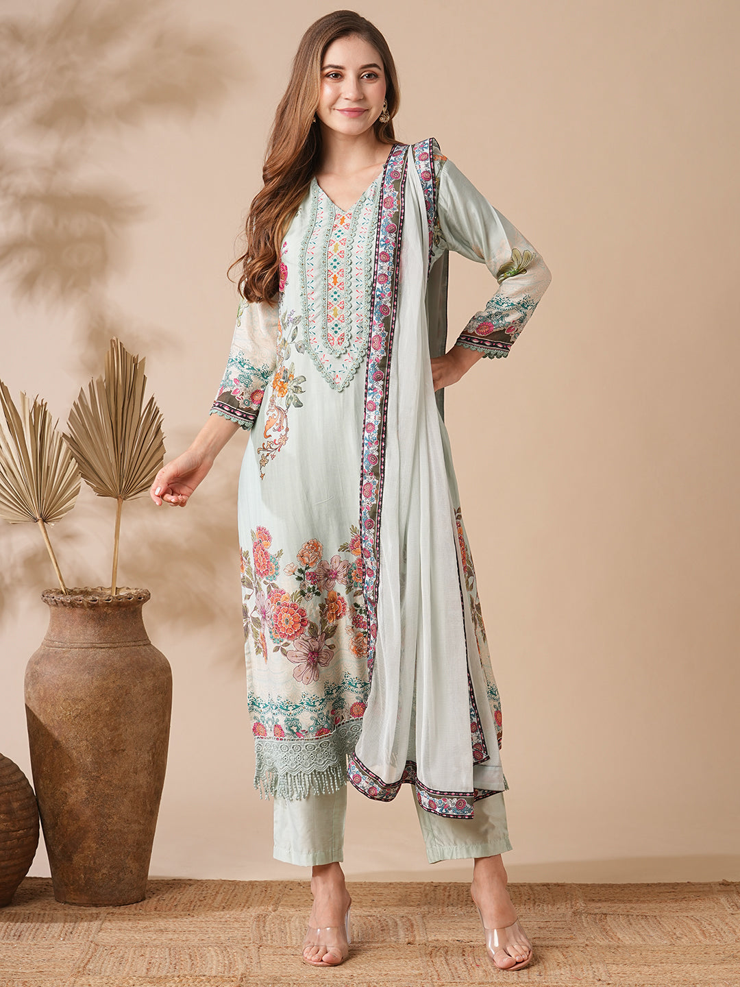 Fashor Floral Printed Stone & Crochet Lace Embelished Kurta with Pants & Dupatta - Pastel Green