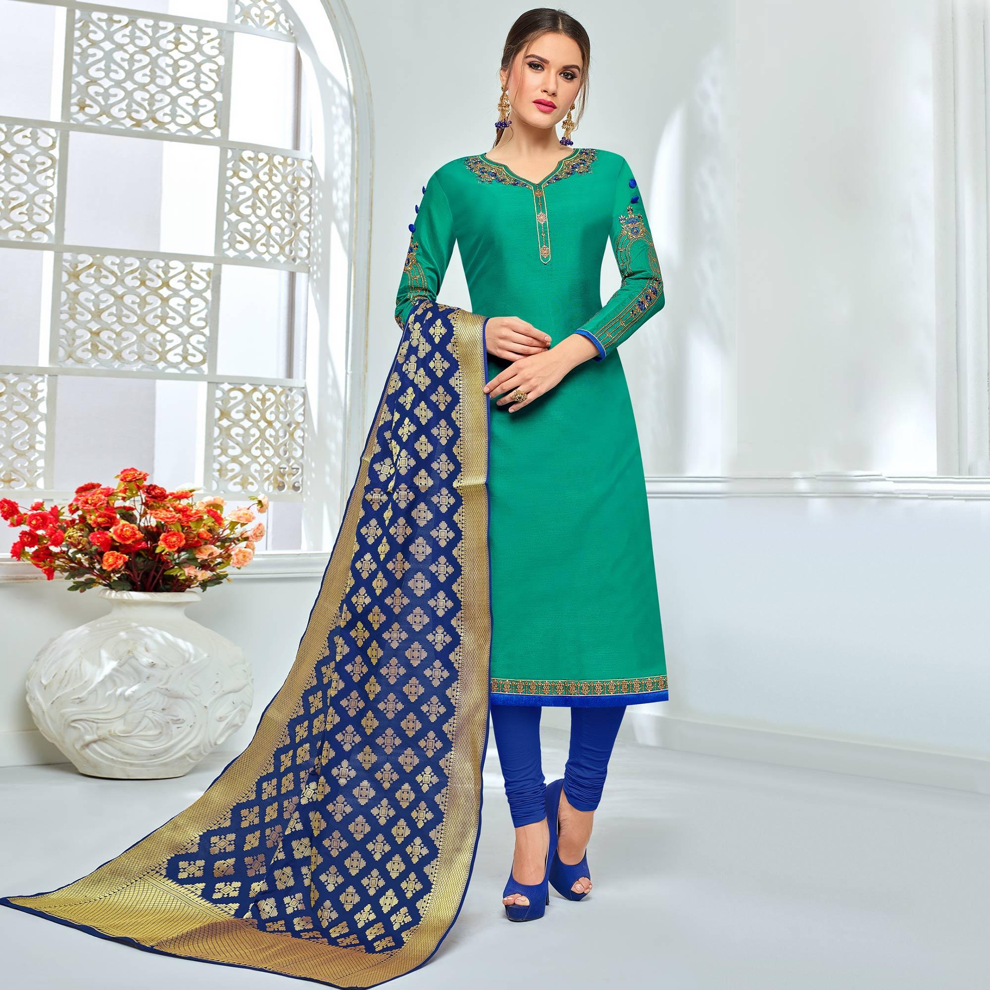Peachmode Lovely Teal Green Colored Party Wear Embroidered Chanderi Suit