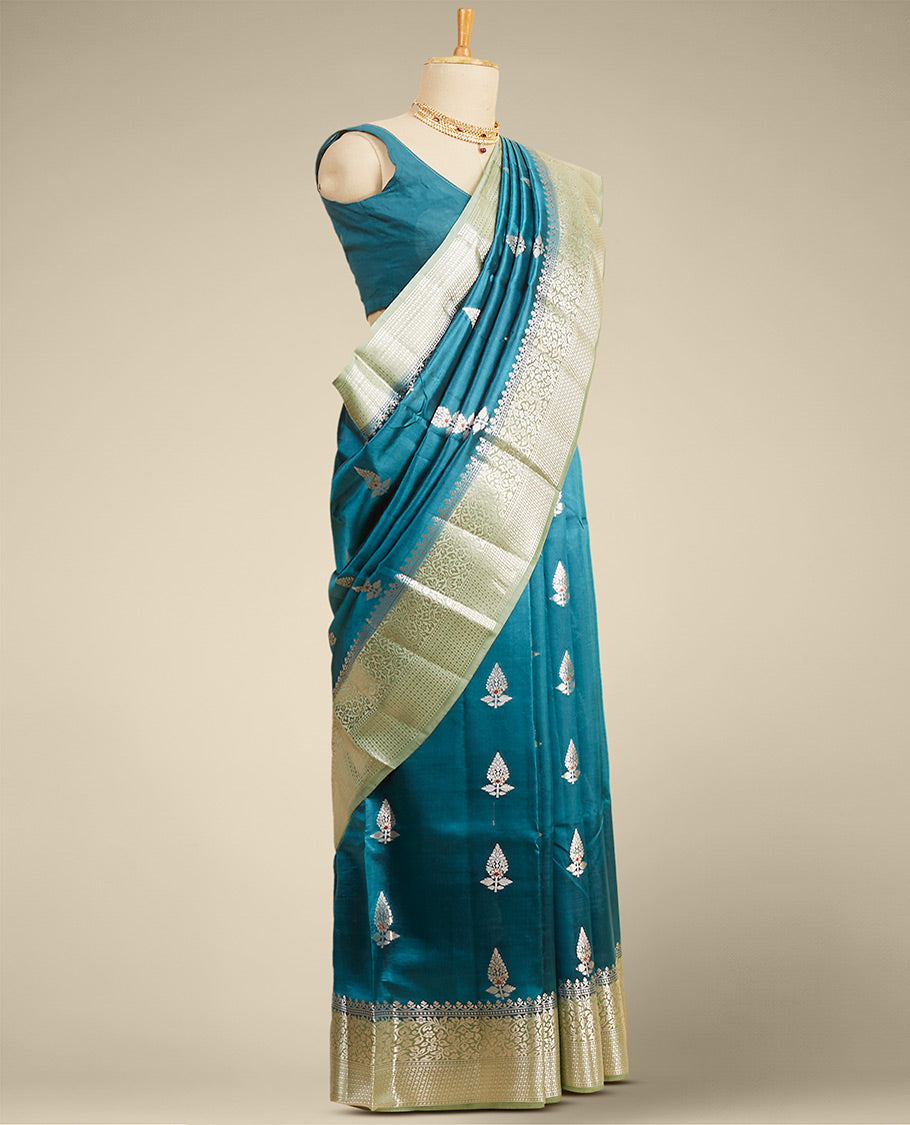 Pothys Blue floral motifs dupion silk saree with contrast zari border - view 2