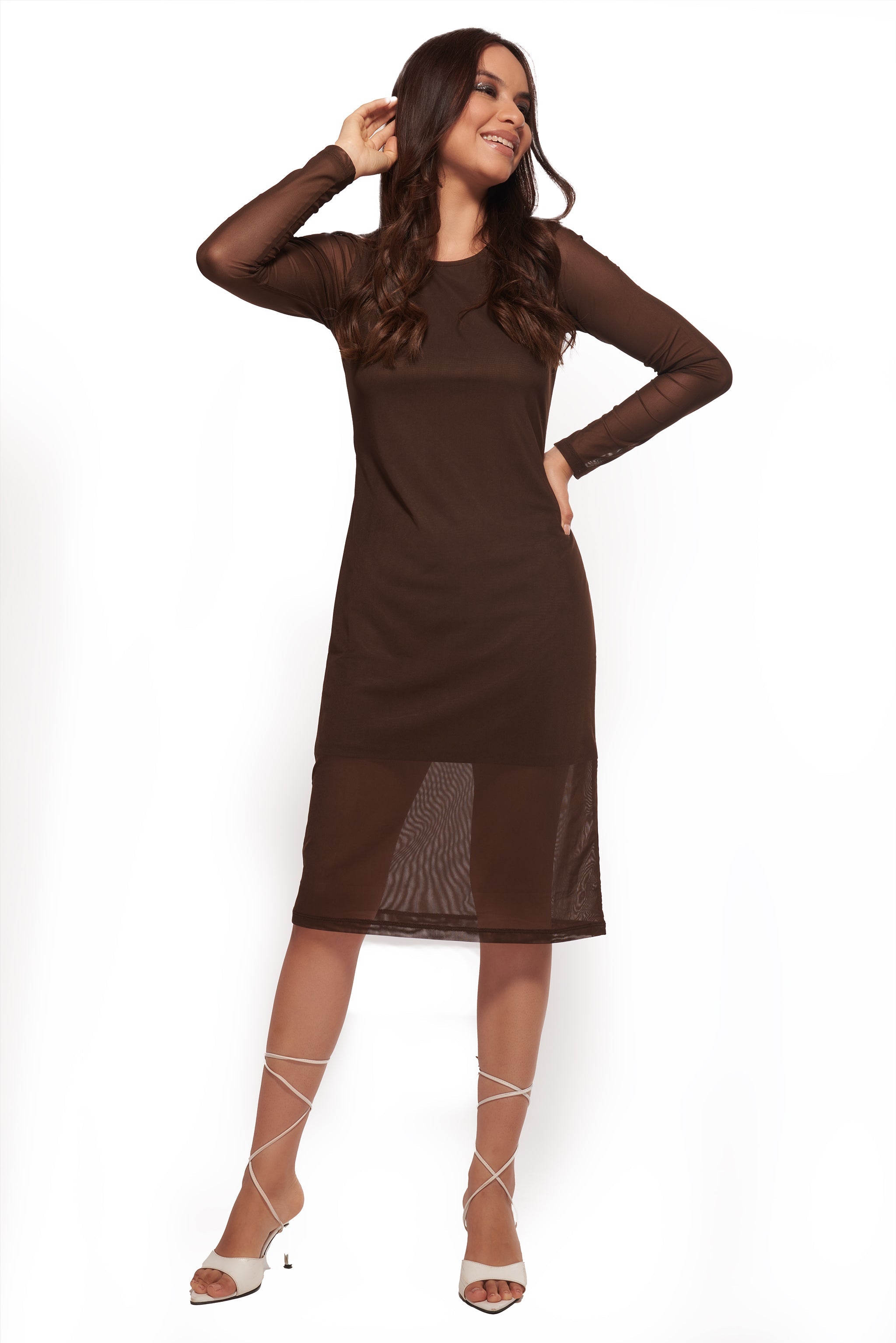 Normcore Brown Mesh Layered Midi Dress