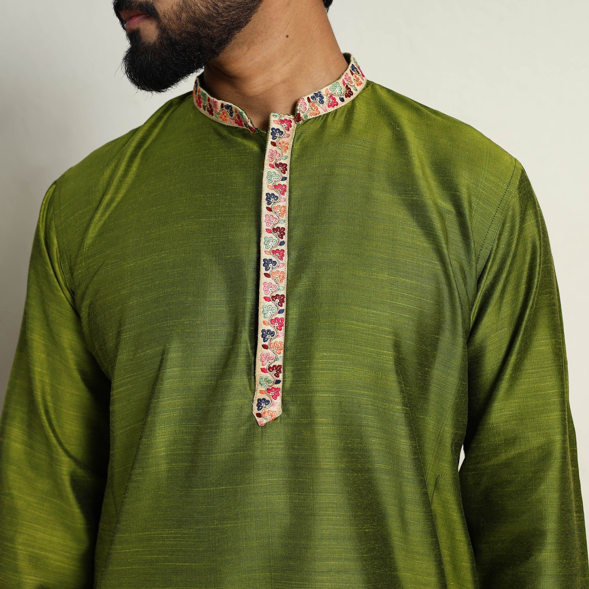 ITOKRI CASUALS Avacado Green - Slub Silk Kurta for Men with Detailed Neckline Work 11 - view 3