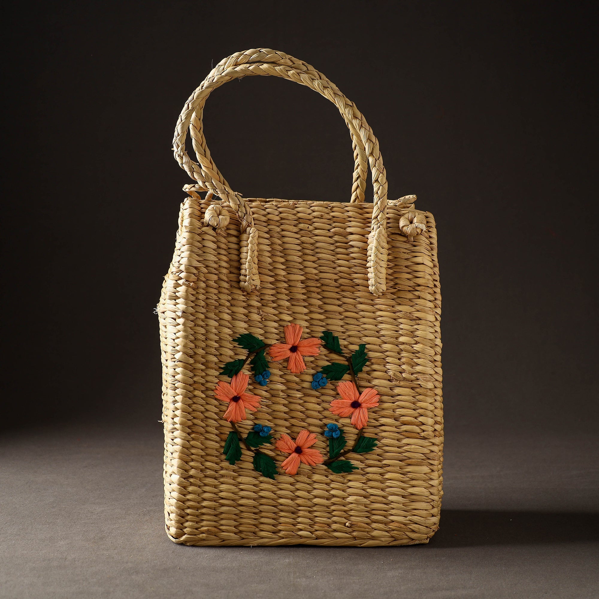 ITOKRI CRAFTS INITIATIVE Beige - Handcrafted Natural Water Reed Embroidered Shopping Bag