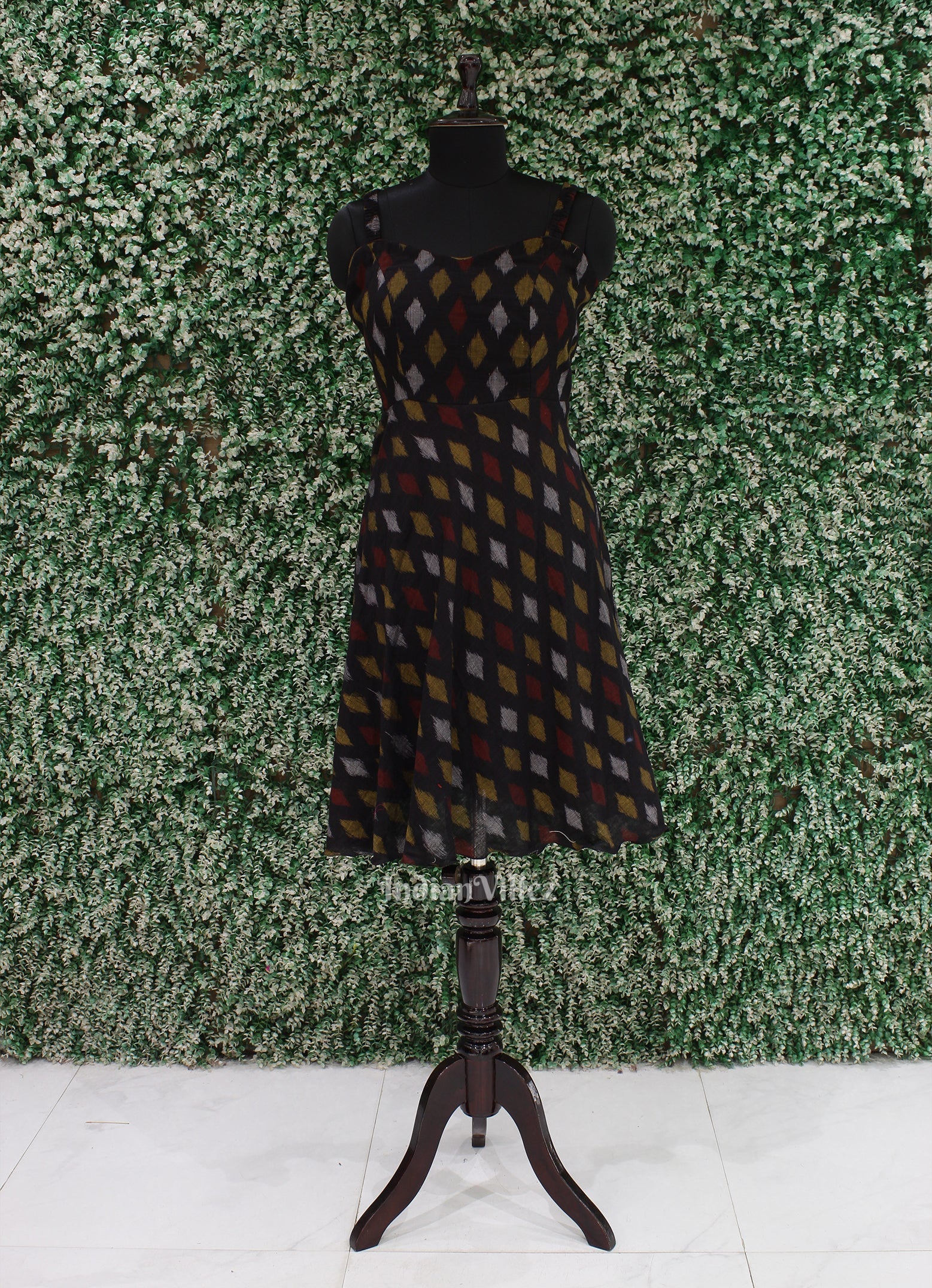 IndianVillèz Black Sambalpuri Odisha Ikat Designer Cotton Noodle Strap Frock