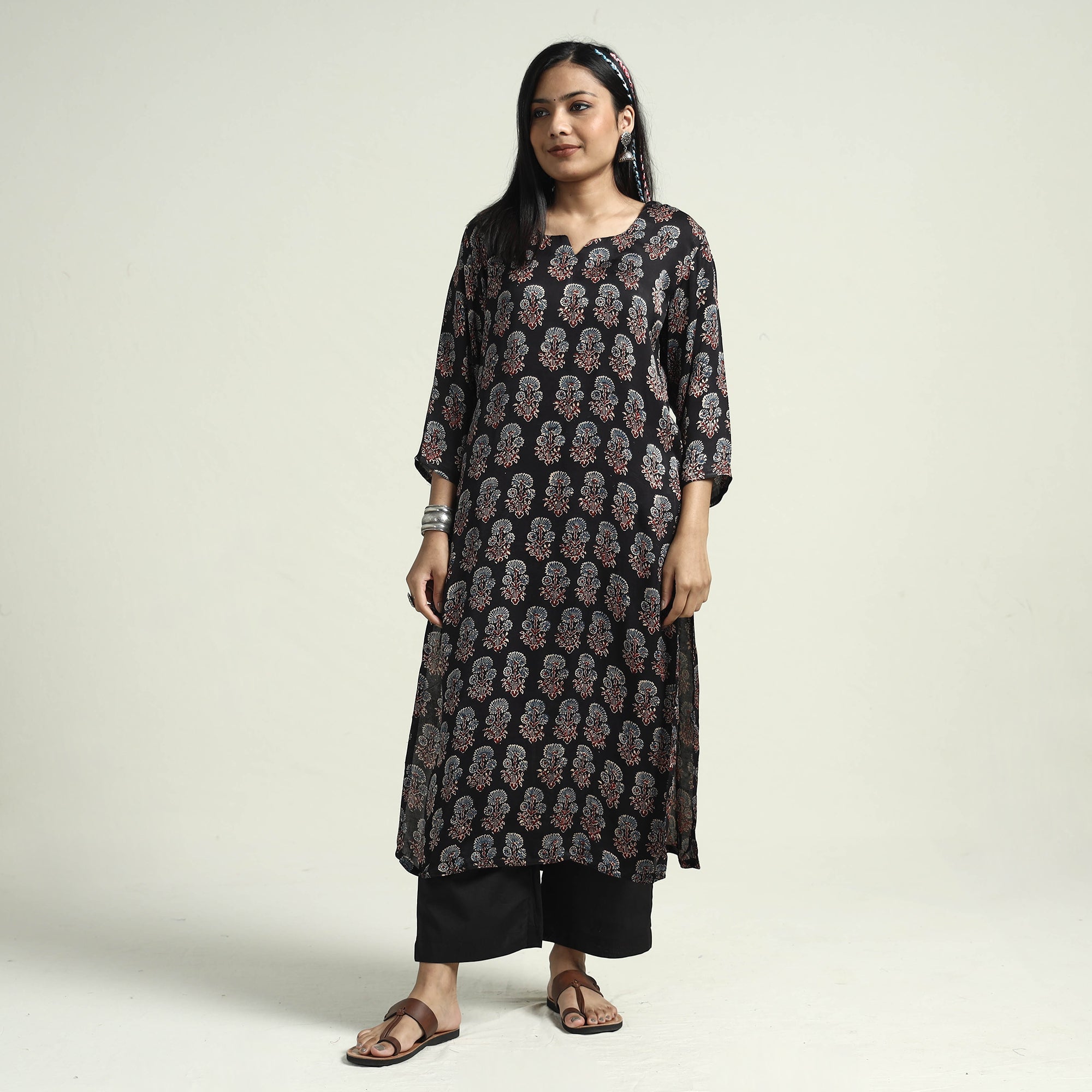 ITOKRI CASUALS Black - Ajrakh Block Printed Modal Silk Kurta with Palazzo Set