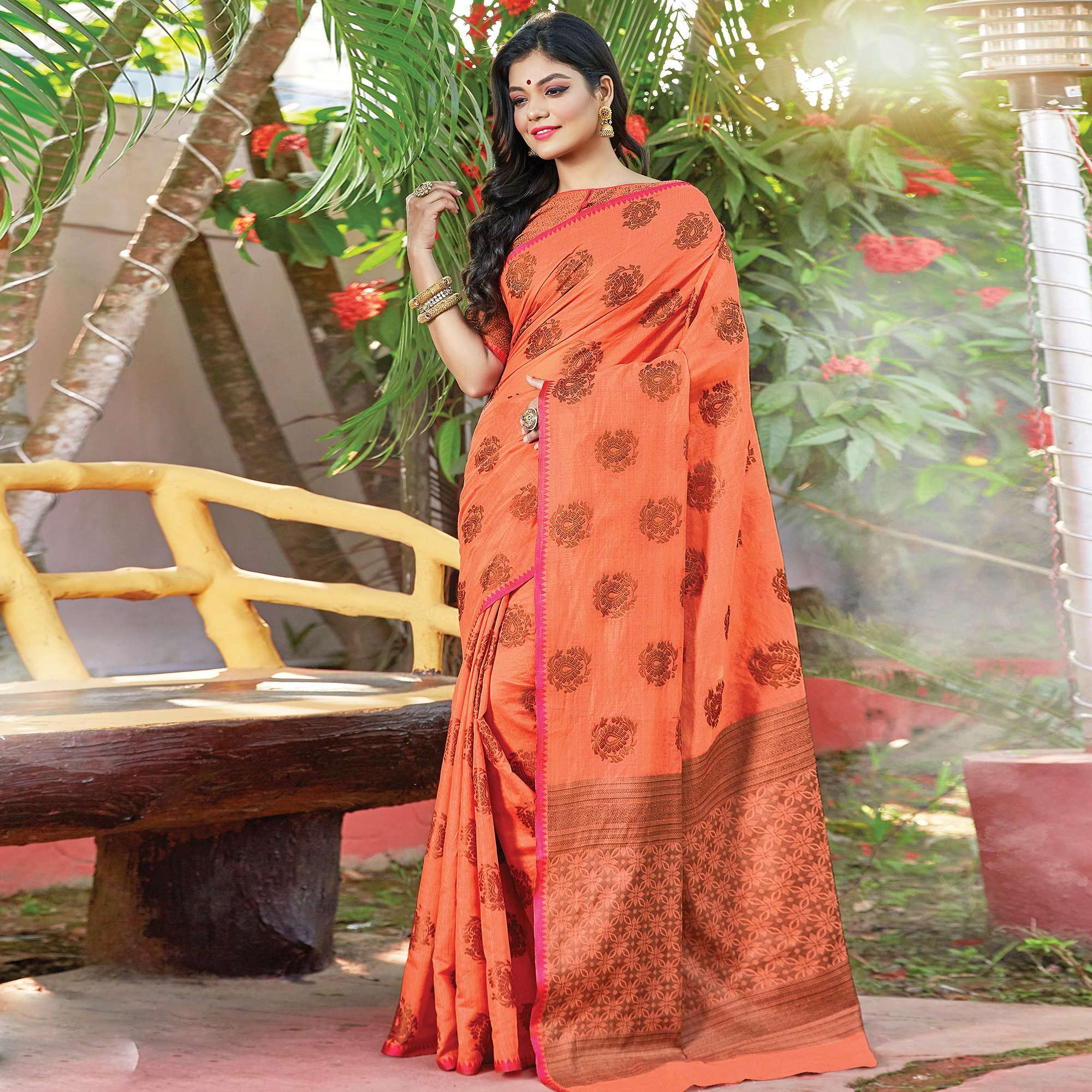 Peachmode Ethnic Peach Colored Festive Wear Woven Cotton Handloom Saree