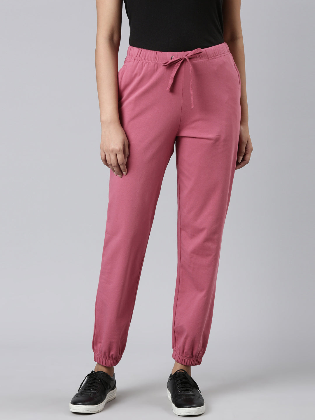 Go Colors Women Solid Light Wine Mid Rise Cotton Casual Joggers