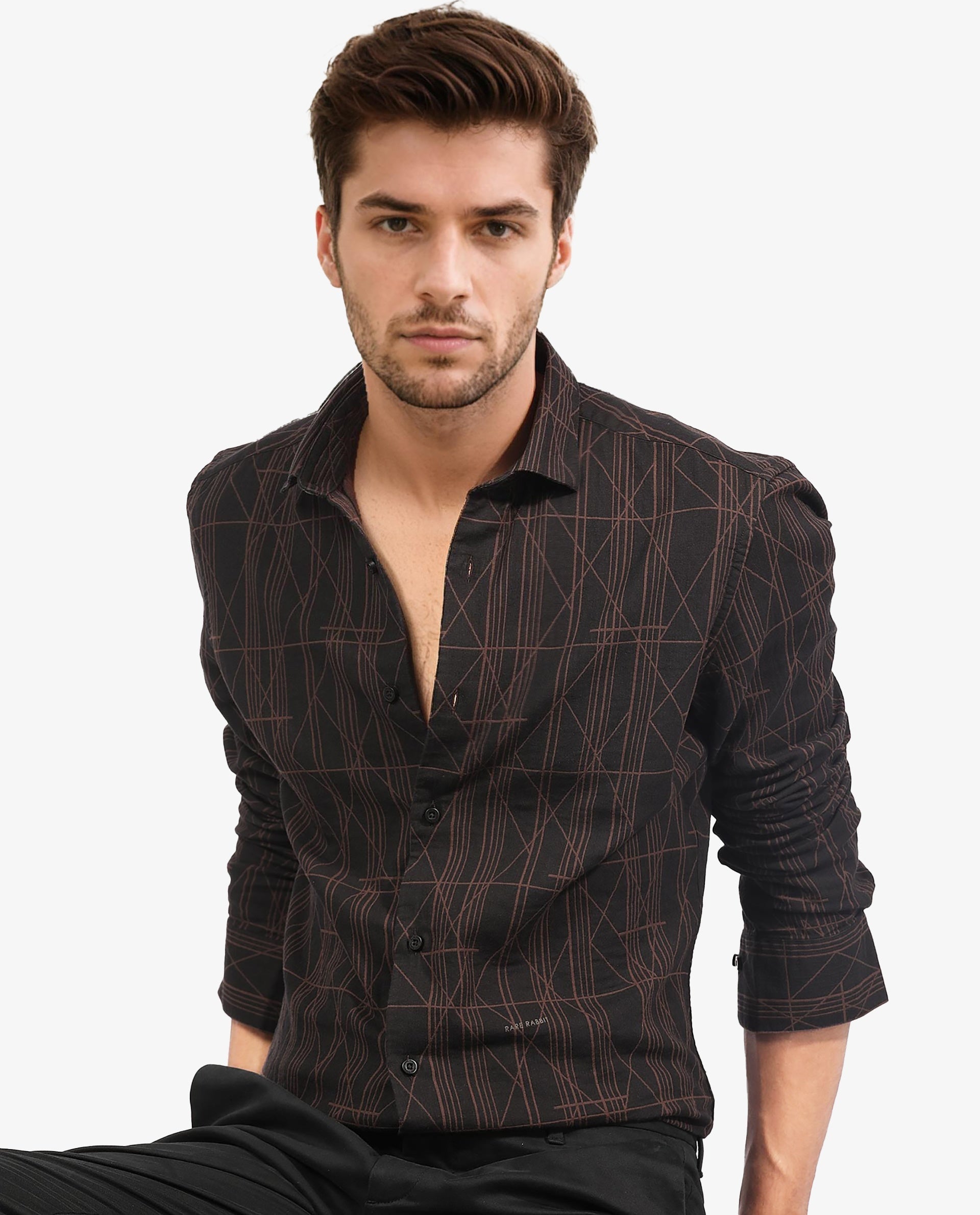 Rare Rabbit Men's Jiva Brown Cotton Fabric Geometric Print Full Sleeves Shirt