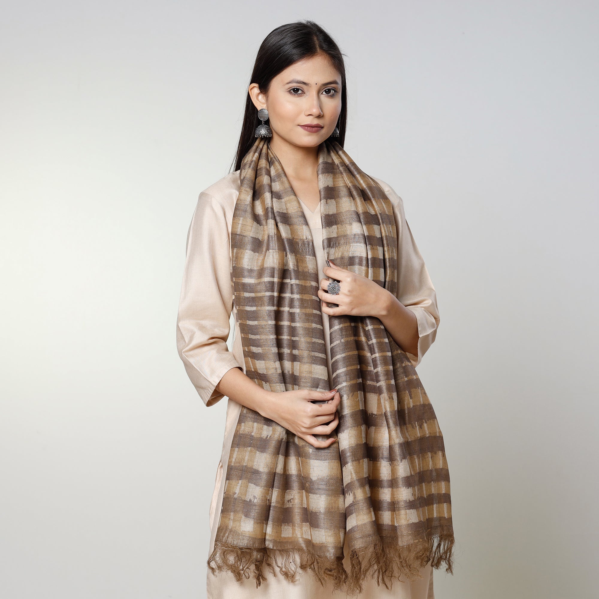 BINDAAS UNLIMITED Brown - Handloom Block Art Print Tussar Silk Bindaas Stole