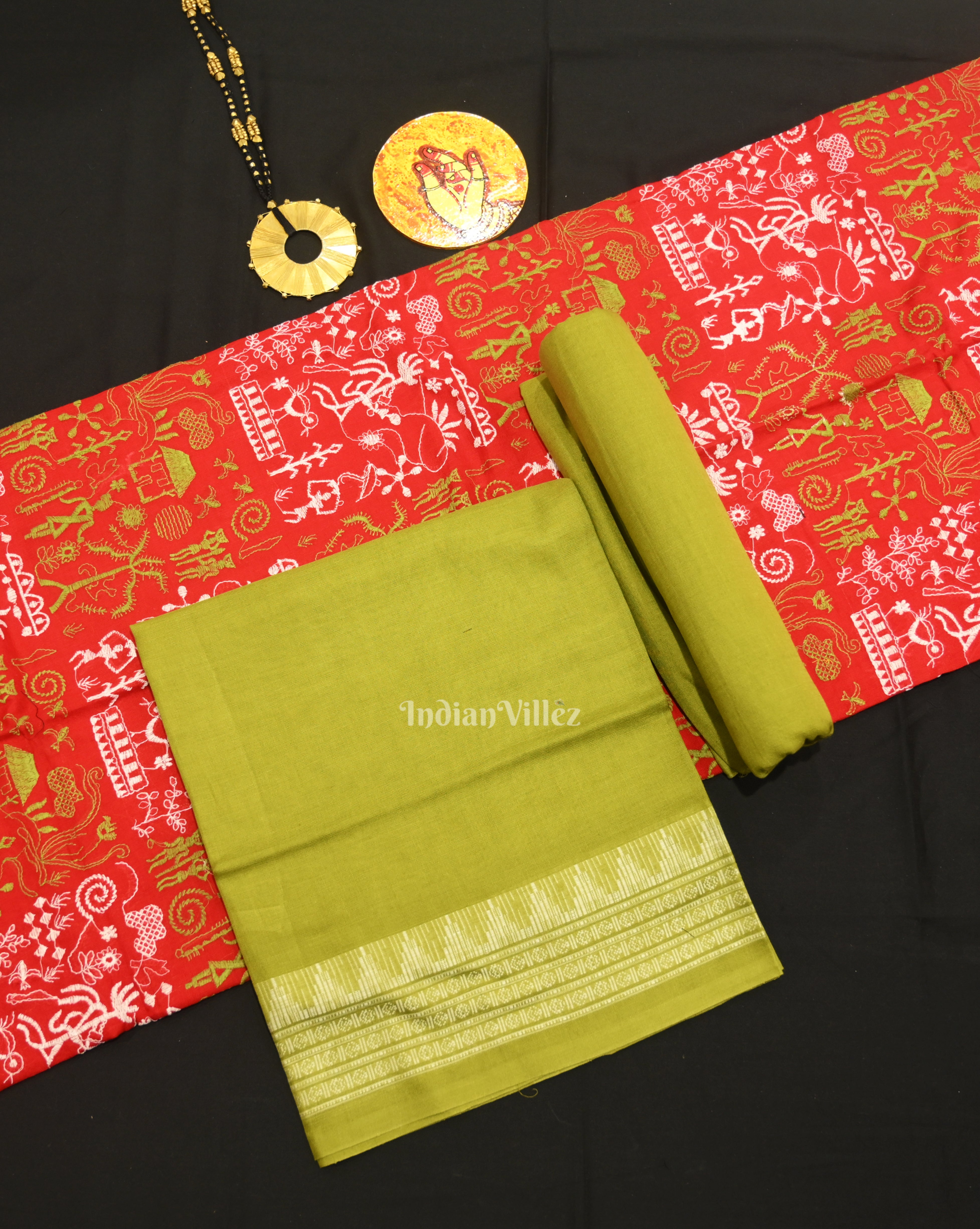 IndianVillèz Red Parrot green Tribal Design Sambalpuri Cotton Dress set with Dupatta