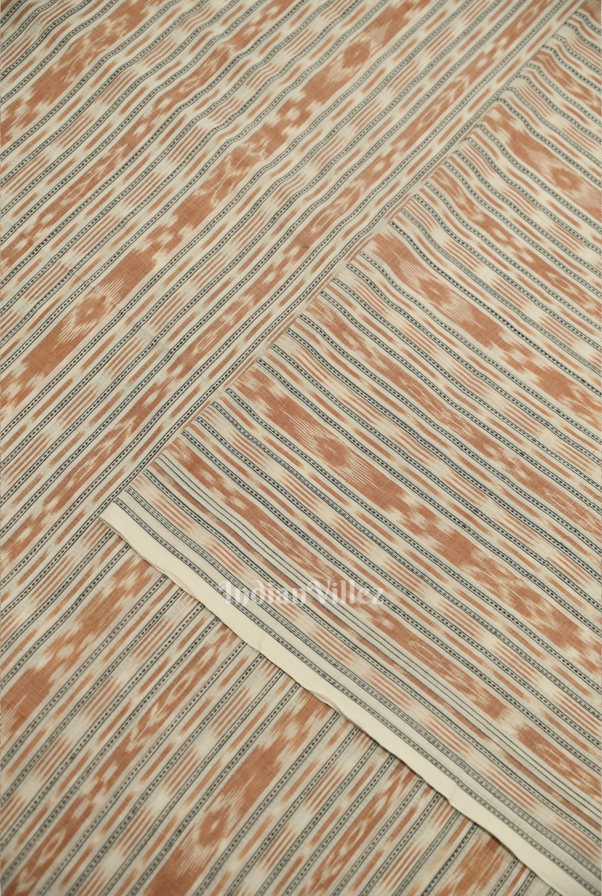 IndianVillèz White Brown Stripes Sambalpuri Odisha Ikat Cotton Fabric - view 2