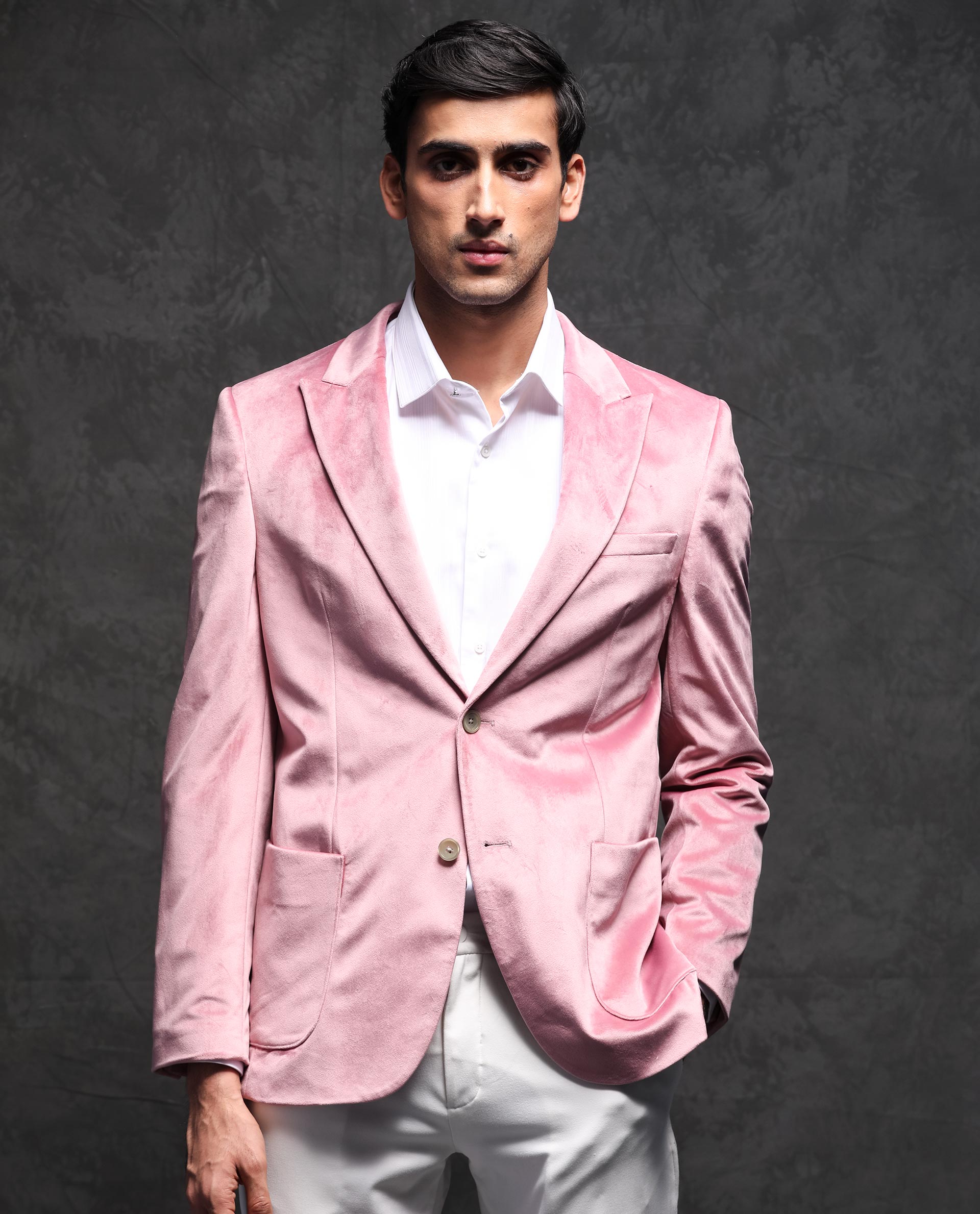 Rare Rabbit Men's Mazey Pink Polyester Fabric Peak Lapel Single Breasted Tailored Fit Velvet Blazer - view 7