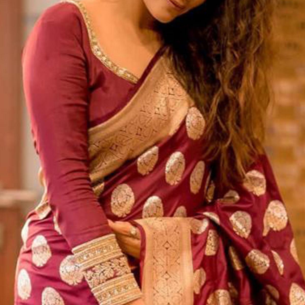 Peachmode Maroon Woven Jacquard Saree – Women's - view 3