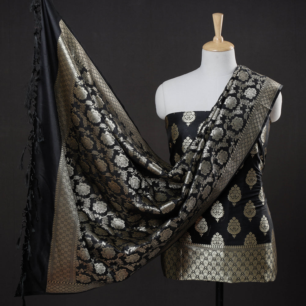 BANARASI BY MAQBUL HASAN Black - 3pc Zari Jaal & Buti Silk Banarasi Dress Material