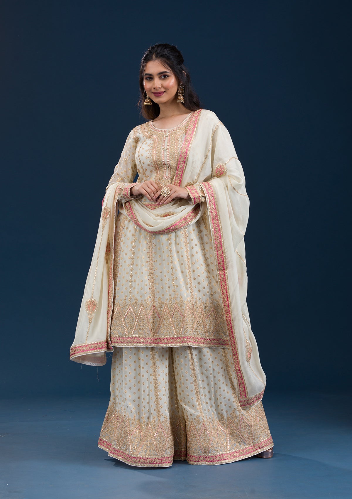 Koskii Cream Zariwork Semi Crepe Readymade Salwar Suit