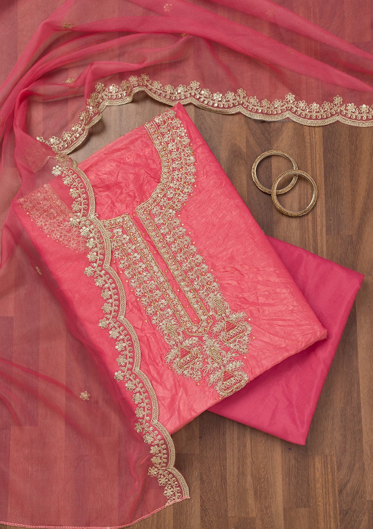 Koskii Peach Zariwork Tissue Unstitched Salwar Suit