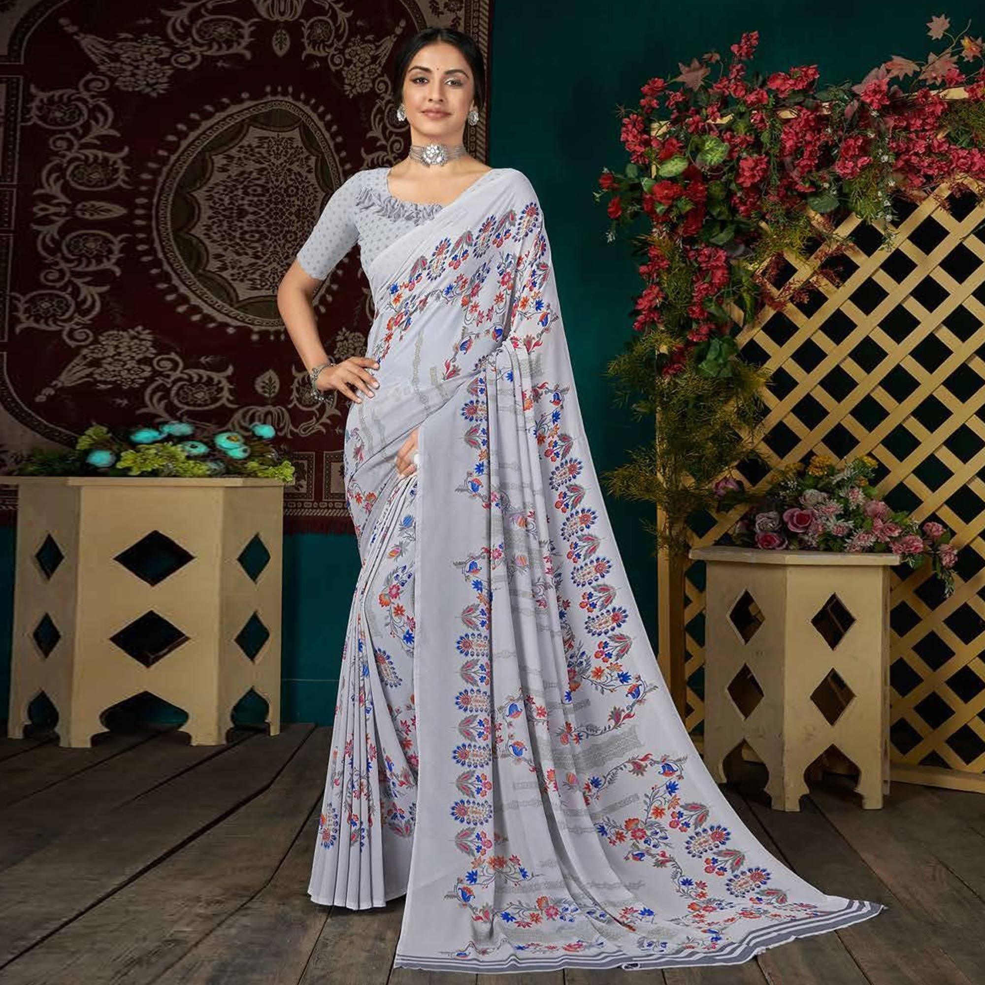 Peachmode Light Blue Casual Wear Floral Digital Printed Georgette Saree