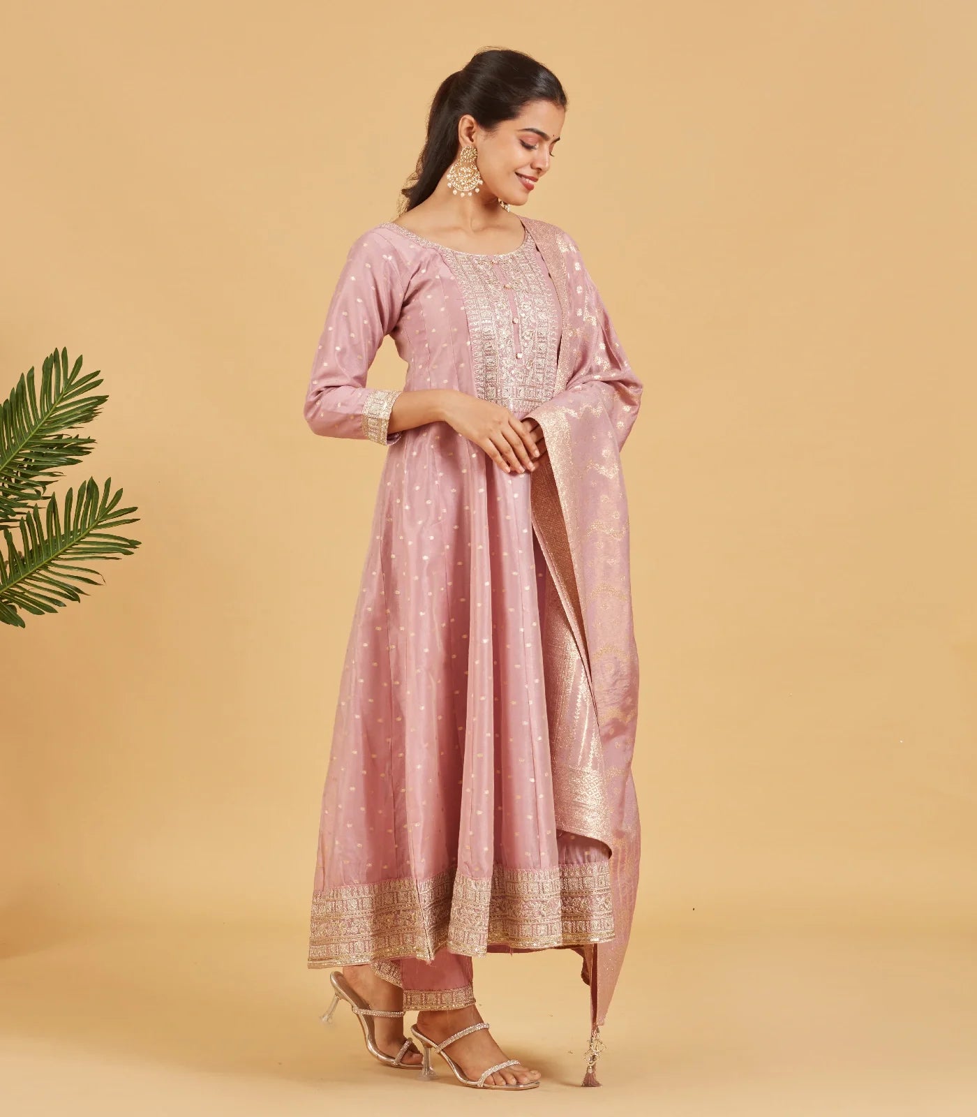 RmKV Dusty Pink Anarkali Set With Matching Dupatta