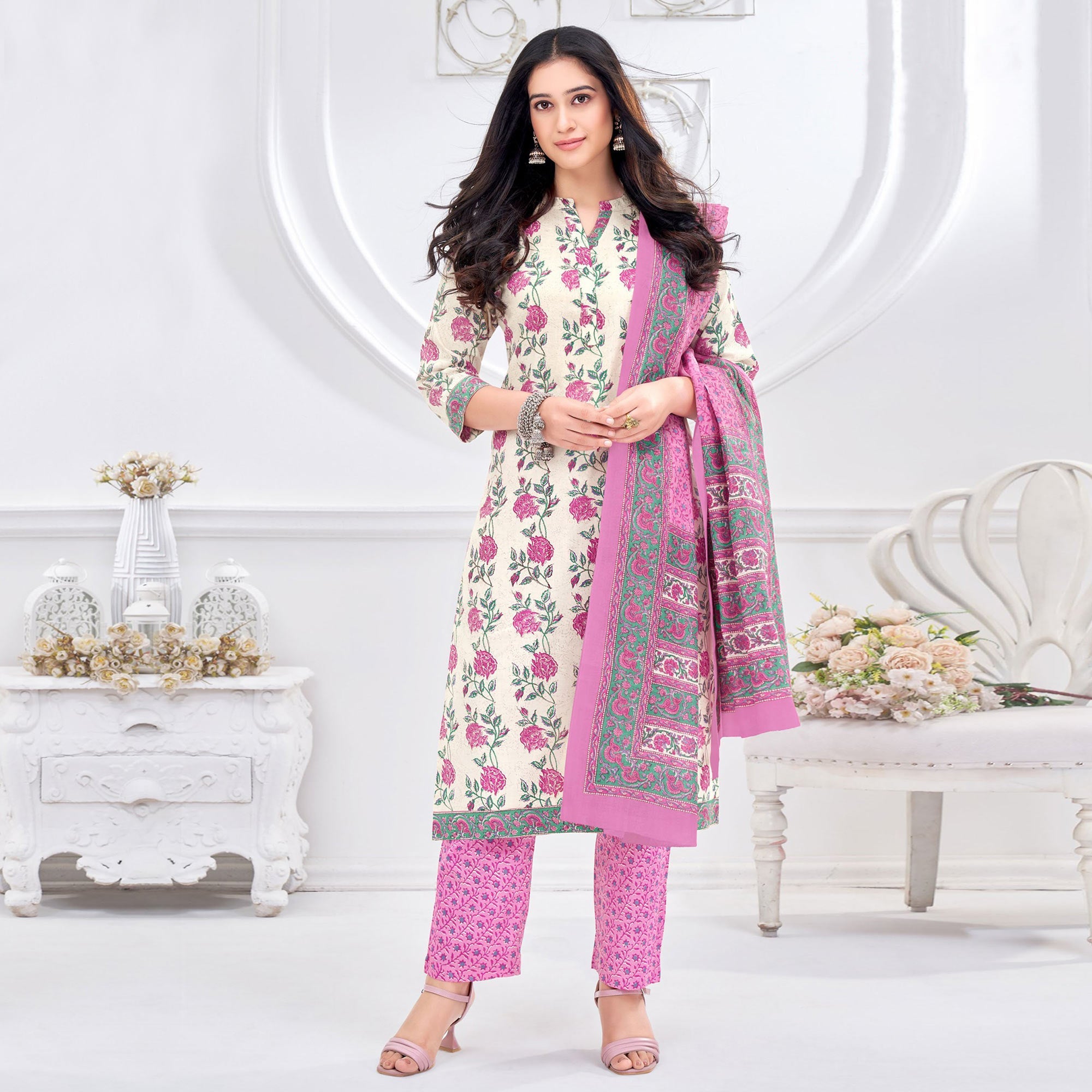 Peachmode Cream Printed Pure Cotton Suit