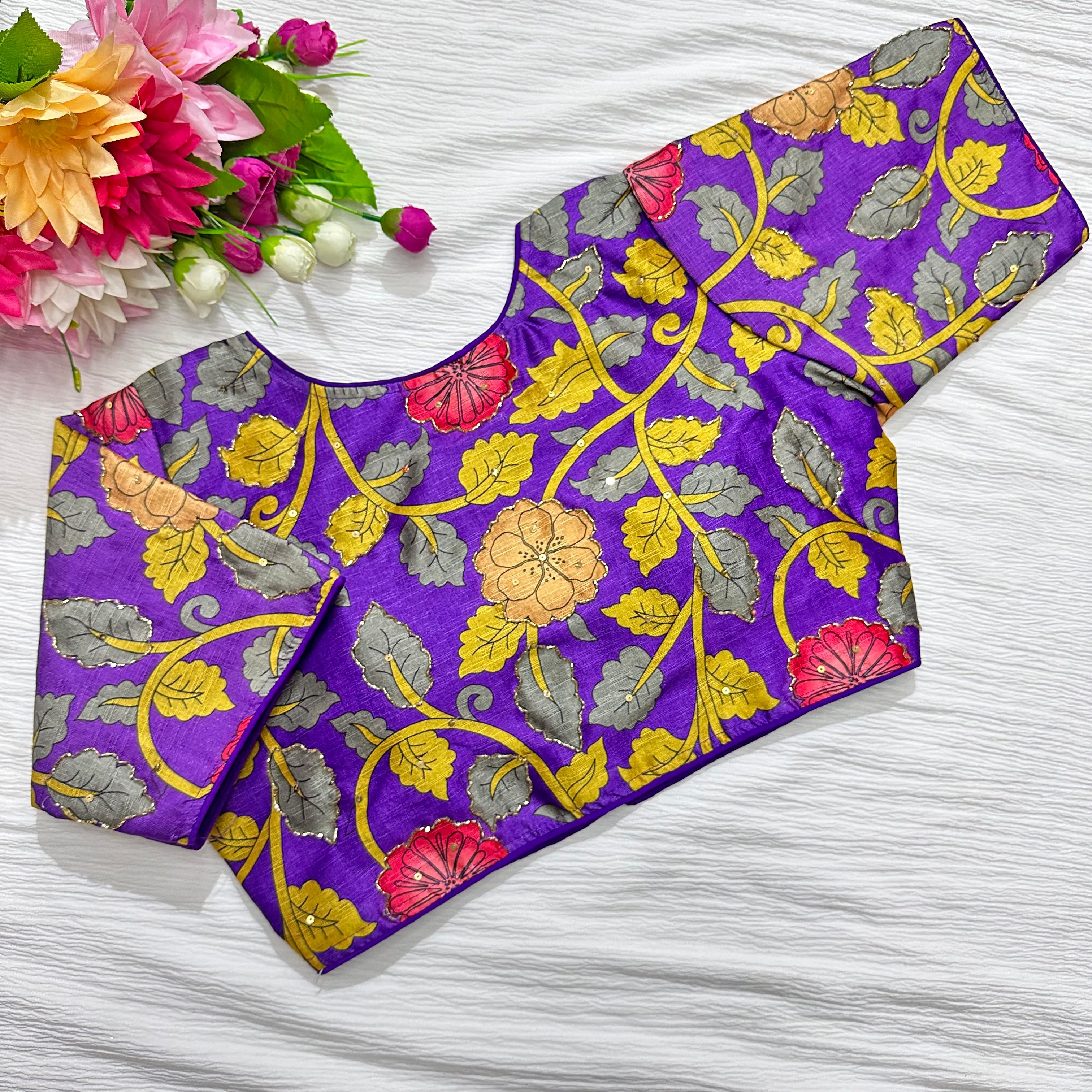 ClothsVilla Purple Pure Silk Blouse with Antique Handcrafted Detailing