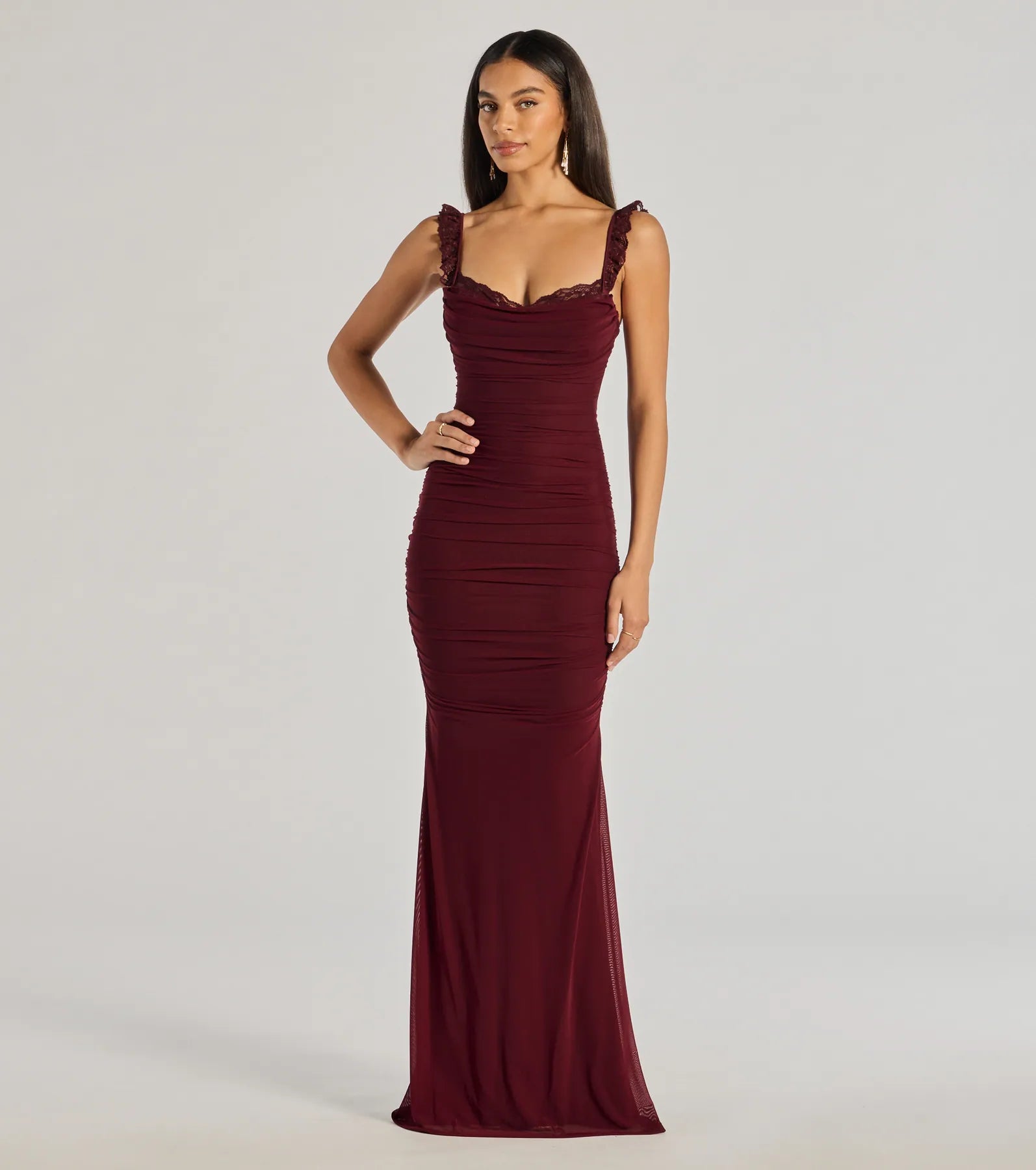 Windsor Morgana Lace-Up Ruched Mermaid Dress – BURGUNDY