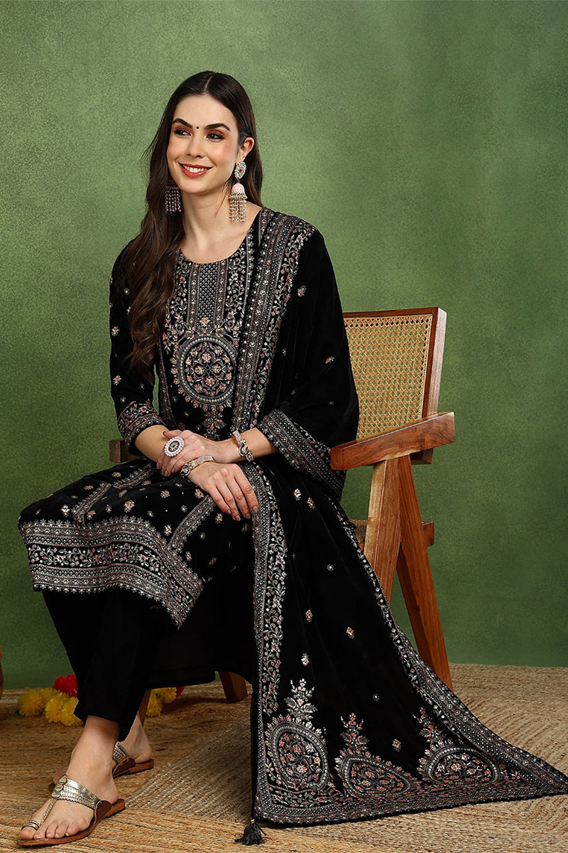 Ahika Black Velvet Ethnic Motifs Printed Straight Suit Set PKSKD2768 - view 2