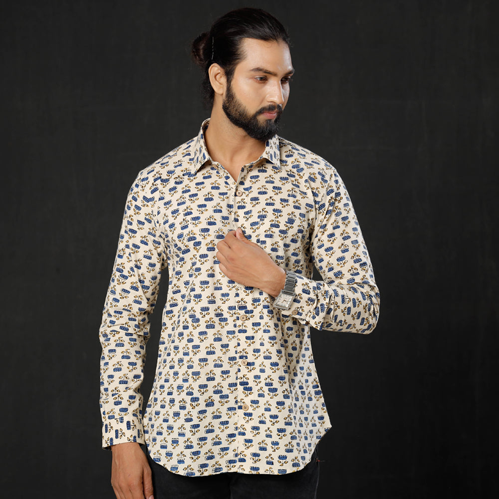 ITOKRI CASUALS Beige - Lotus Ajrakh Block Printed Cotton Men Full Sleeve Shirt - view 4