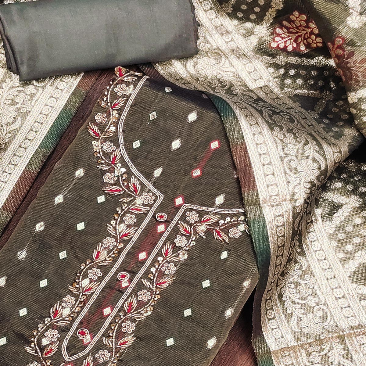 Peachmode Mehandi Green Woven Jacquard Dress Material - view 2