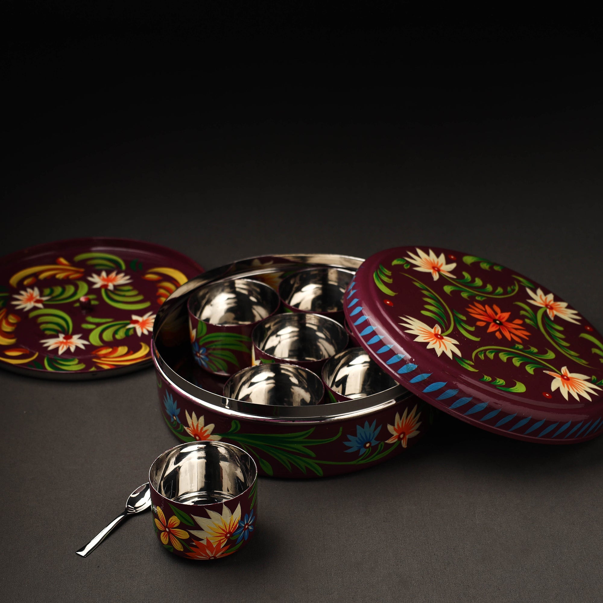 AAYAAS Brown - Banaras Handpainted Stainless Steel Masala Box (8 x 8 in) - view 2
