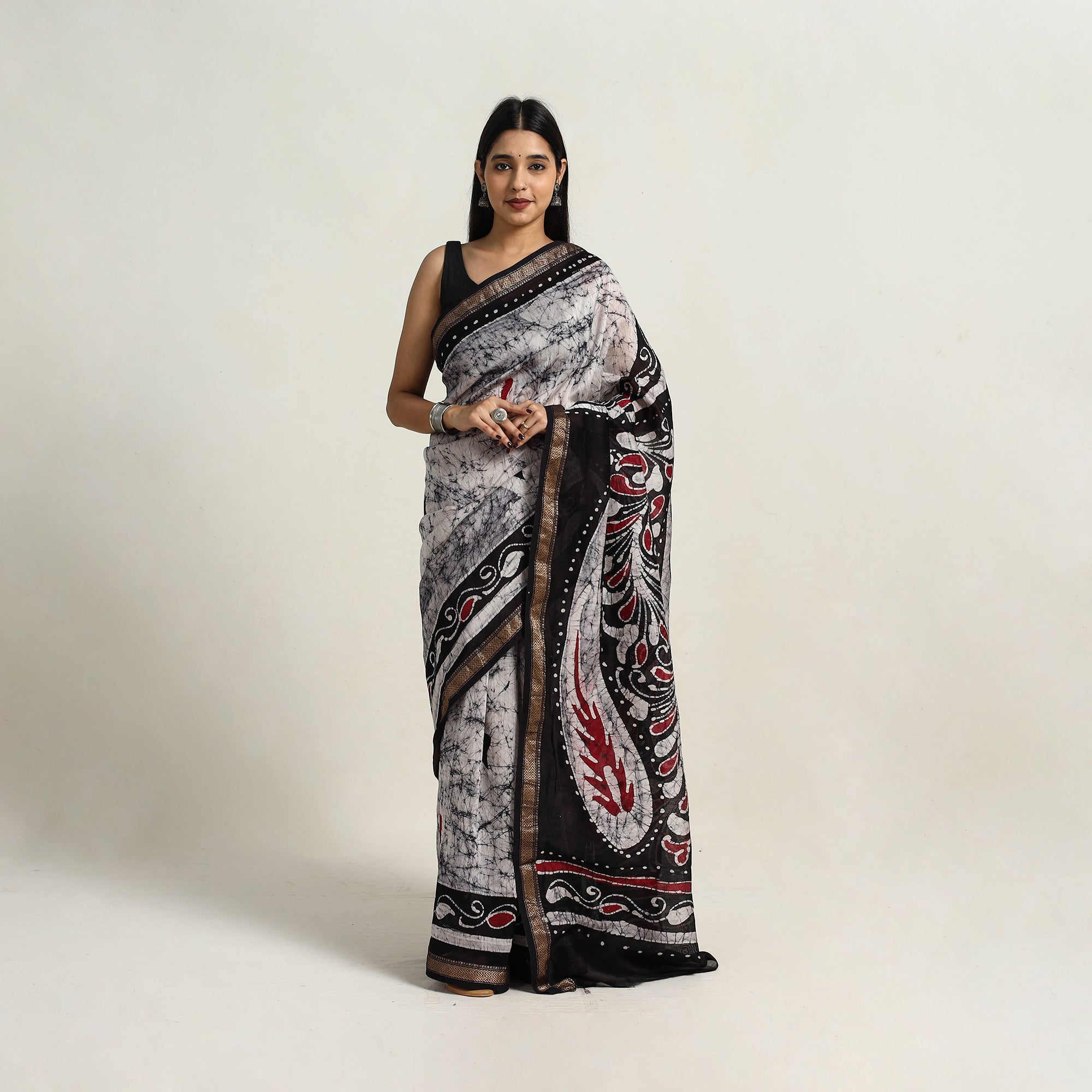 KACHCHH JI CHHAAP Black - Silk Cotton Hand Batik Print Saree with Blouse 13