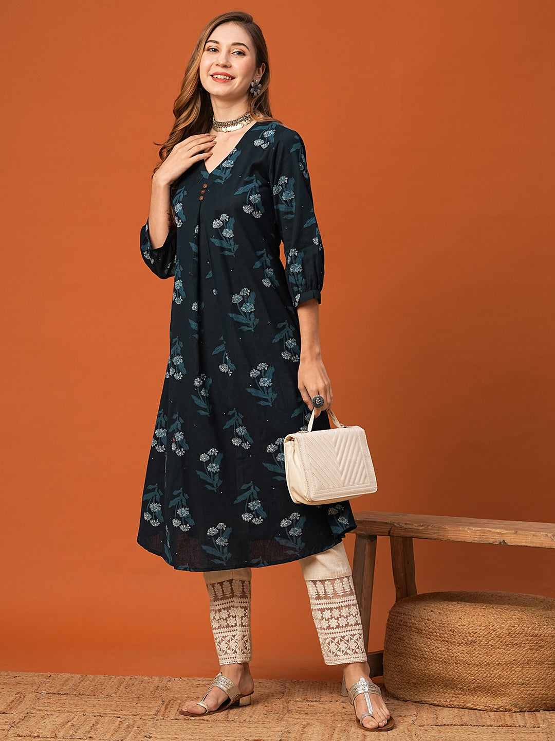 Fashor Floral Printed Wooden Buttoned Pleated Kurta - Blue - view 2