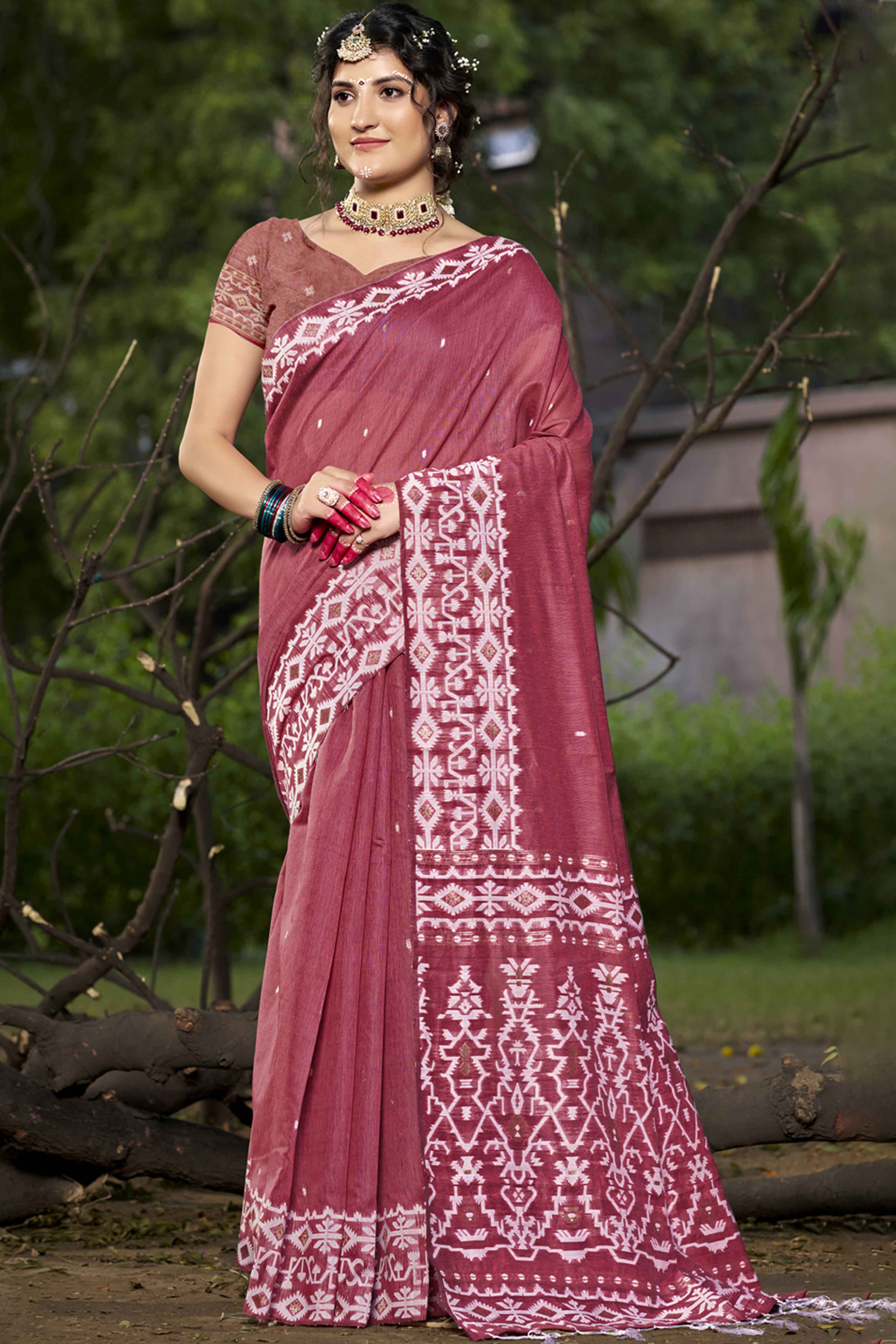 Peachmode Dark Rose Pink Woven Linen Cotton Saree With Tassels