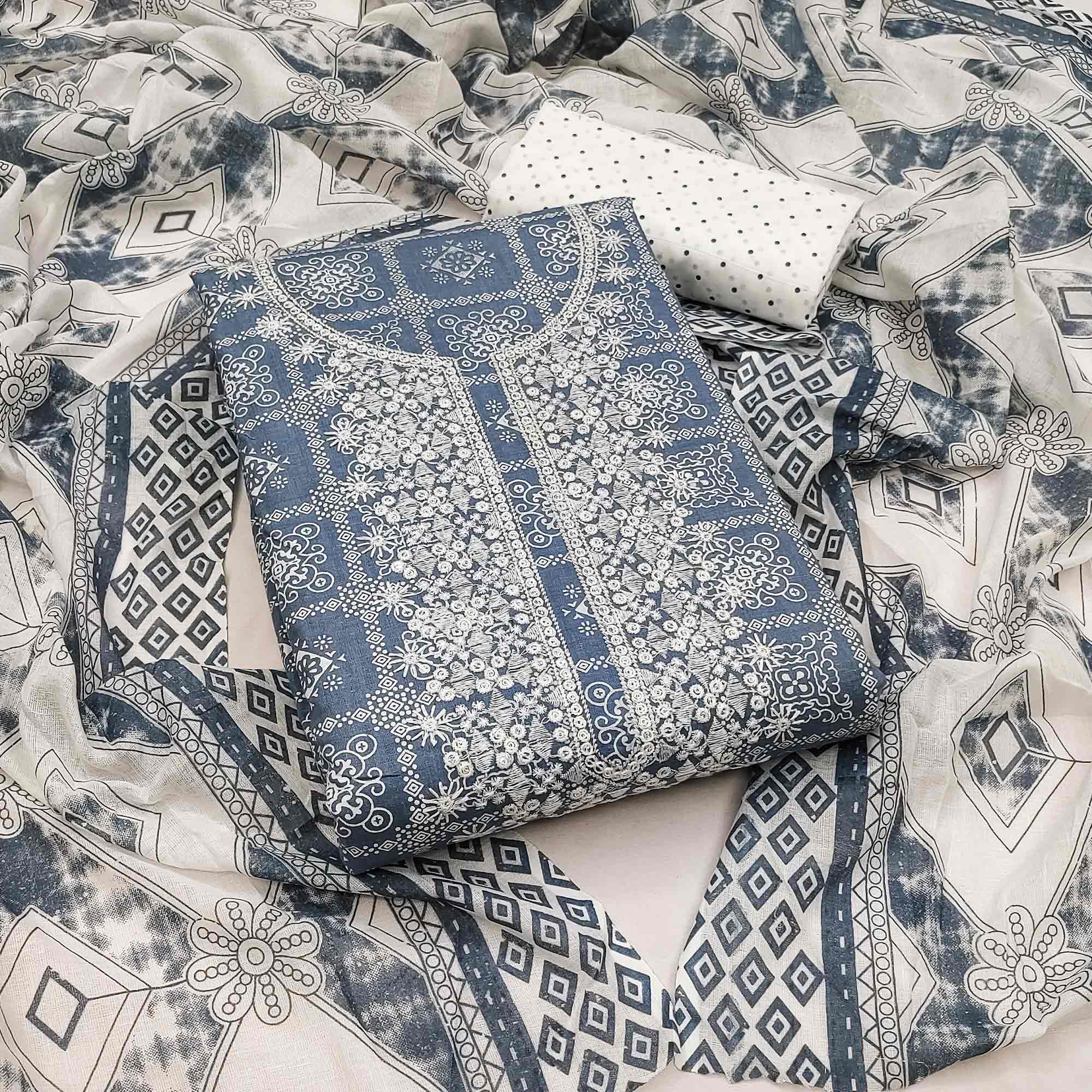 Peachmode Grey Printed With Embroidered Pure Cotton Dress Material