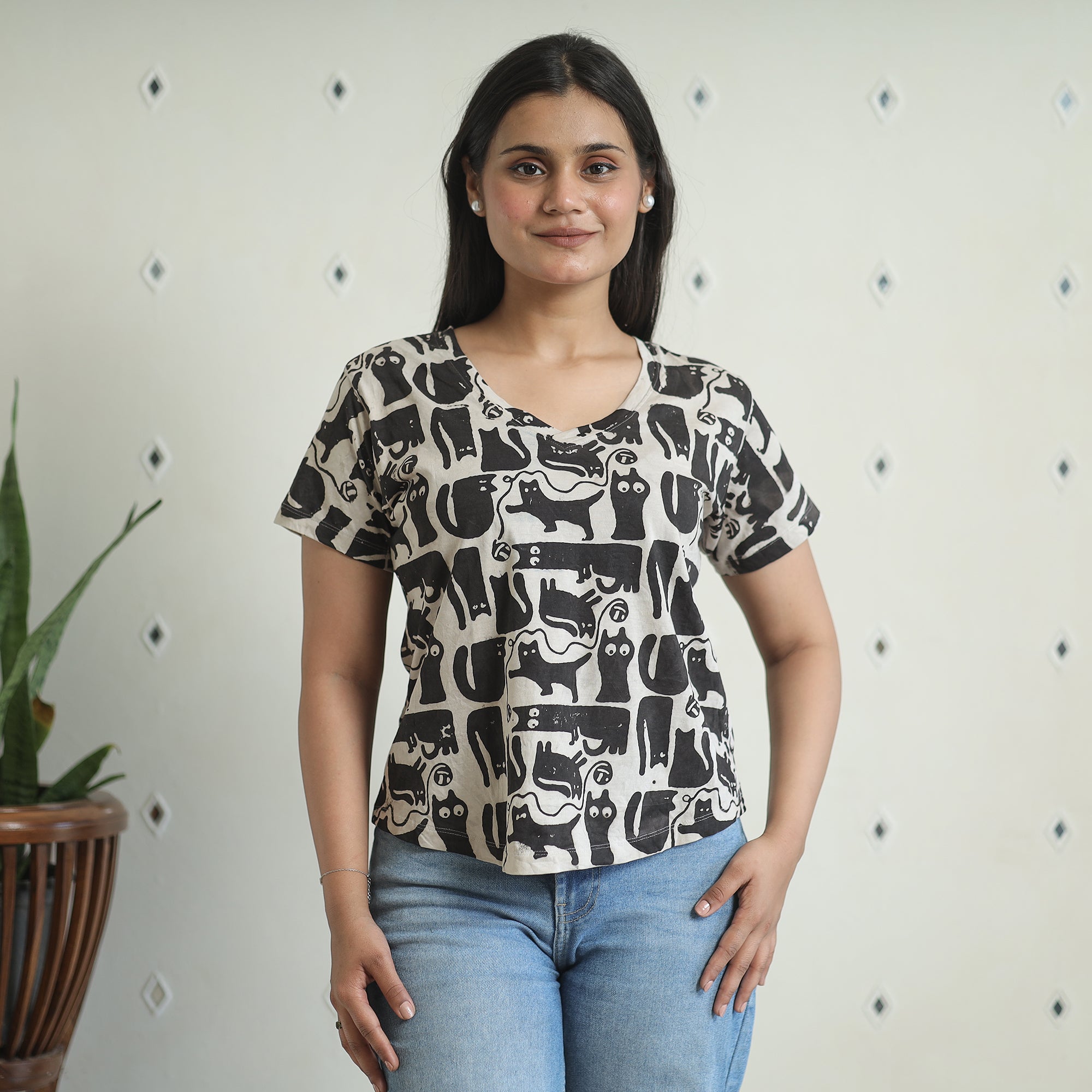 BINDAAS UNLIMITED Black - Bindaas Block Art Printed Cotton Women V Neck T-shirt 07 - view 2