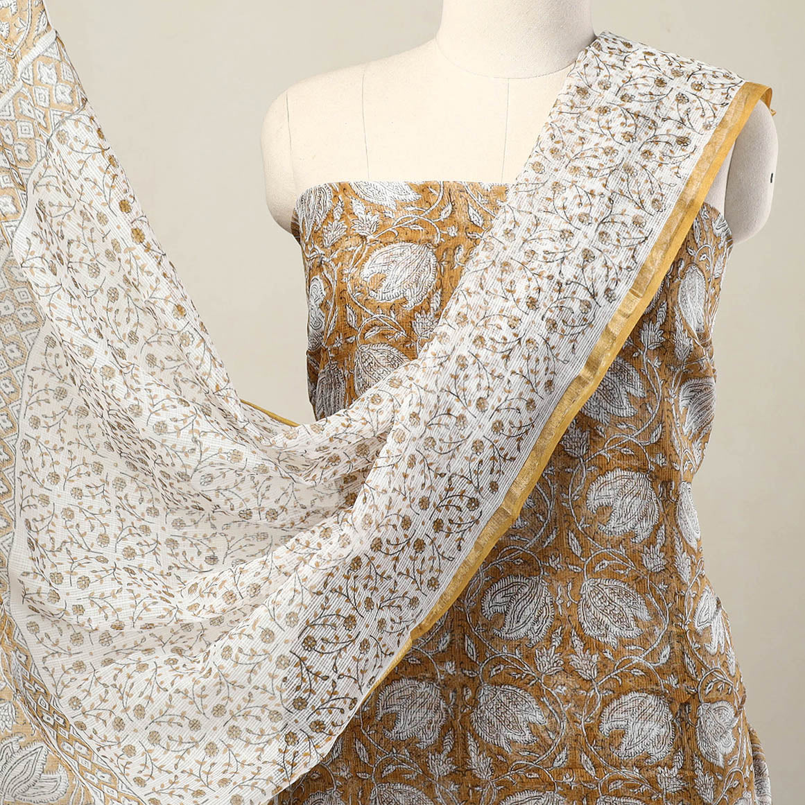 ARTISAN HAND BLOCK PRINTS Brown - 3pc Sanganeri Block Print Kota Cotton Dress Material 12 - view 3