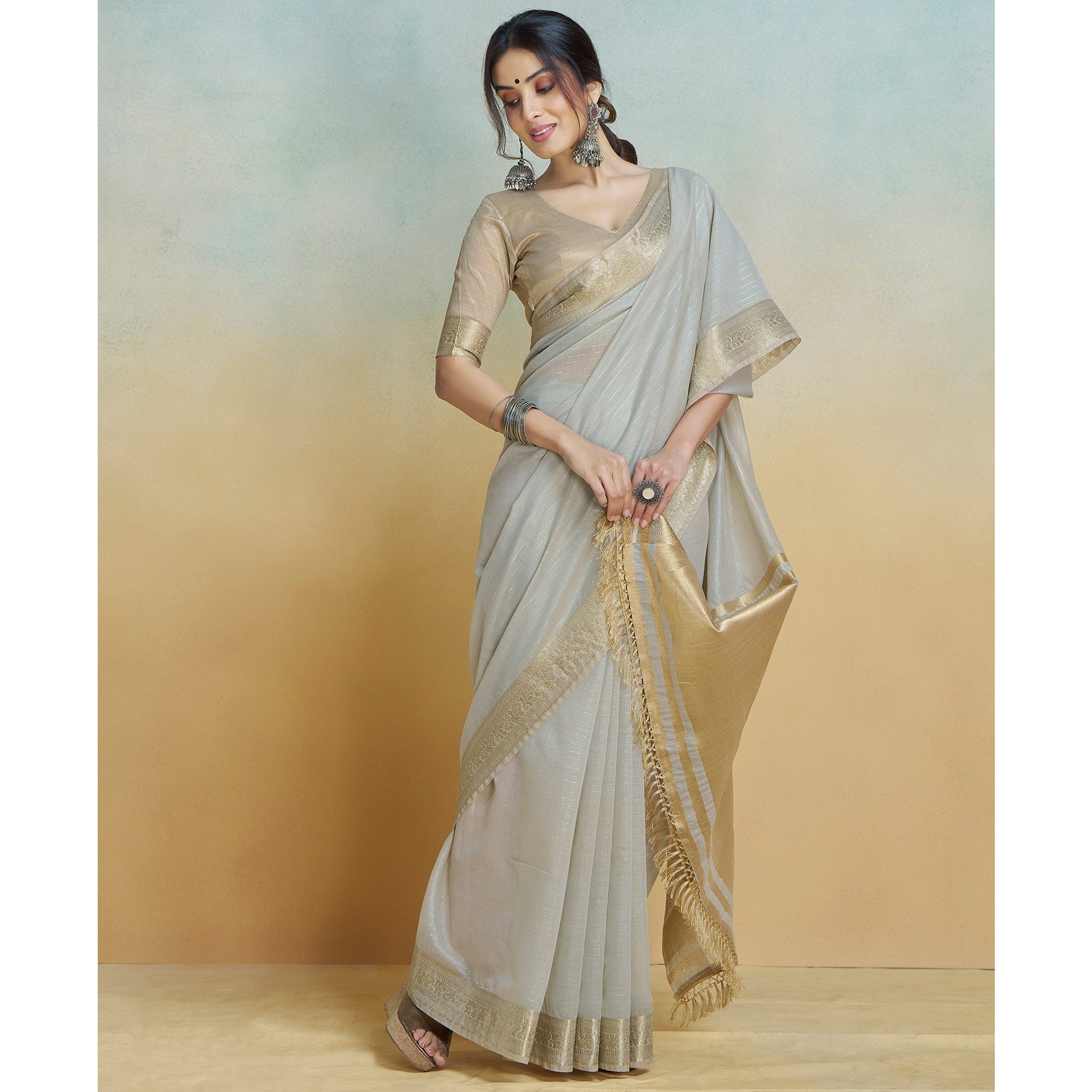 Peachmode Light Grey Woven Cotton Silk Saree With Tassels - view 4