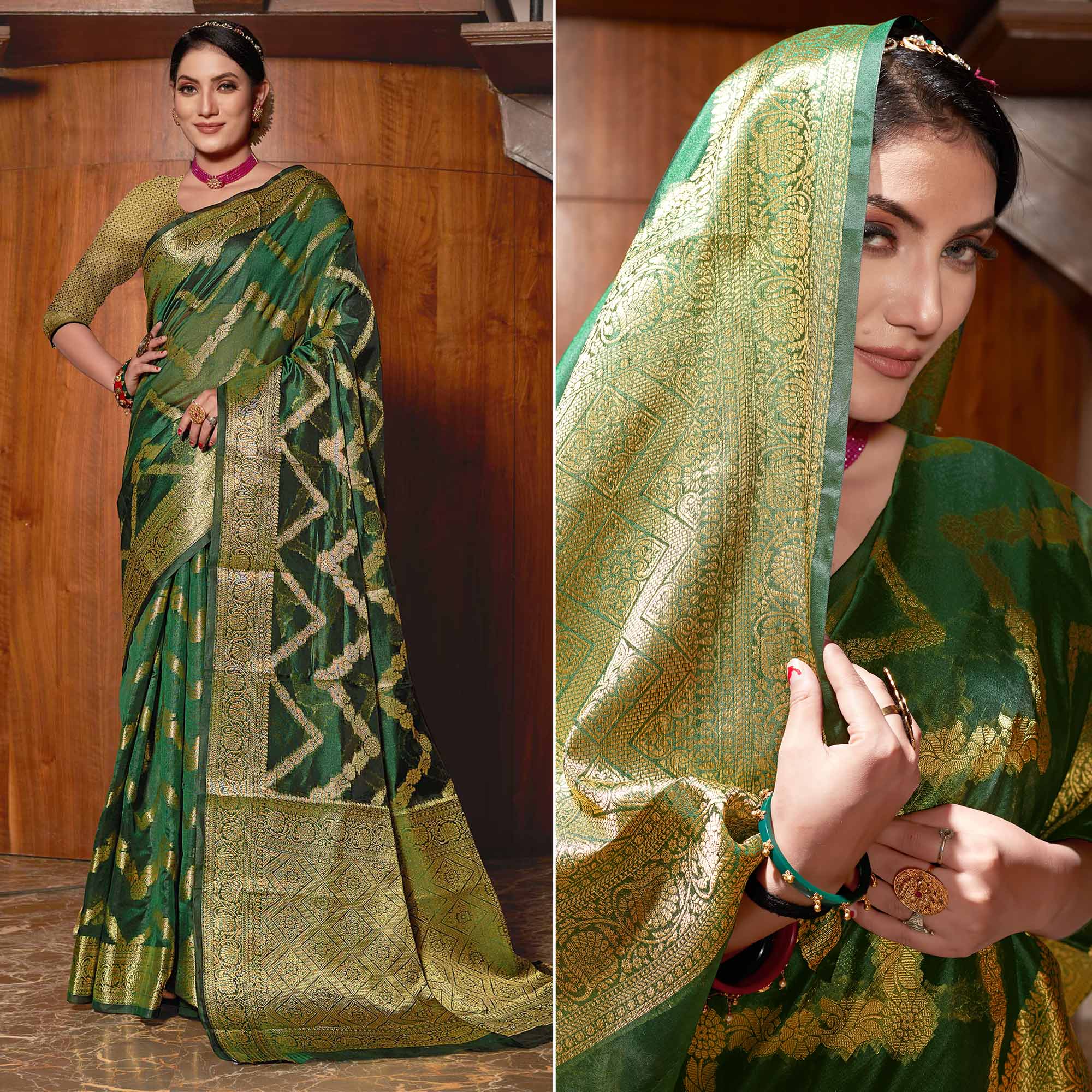 Peachmode Bottle Green Woven Organza Saree – Women's
