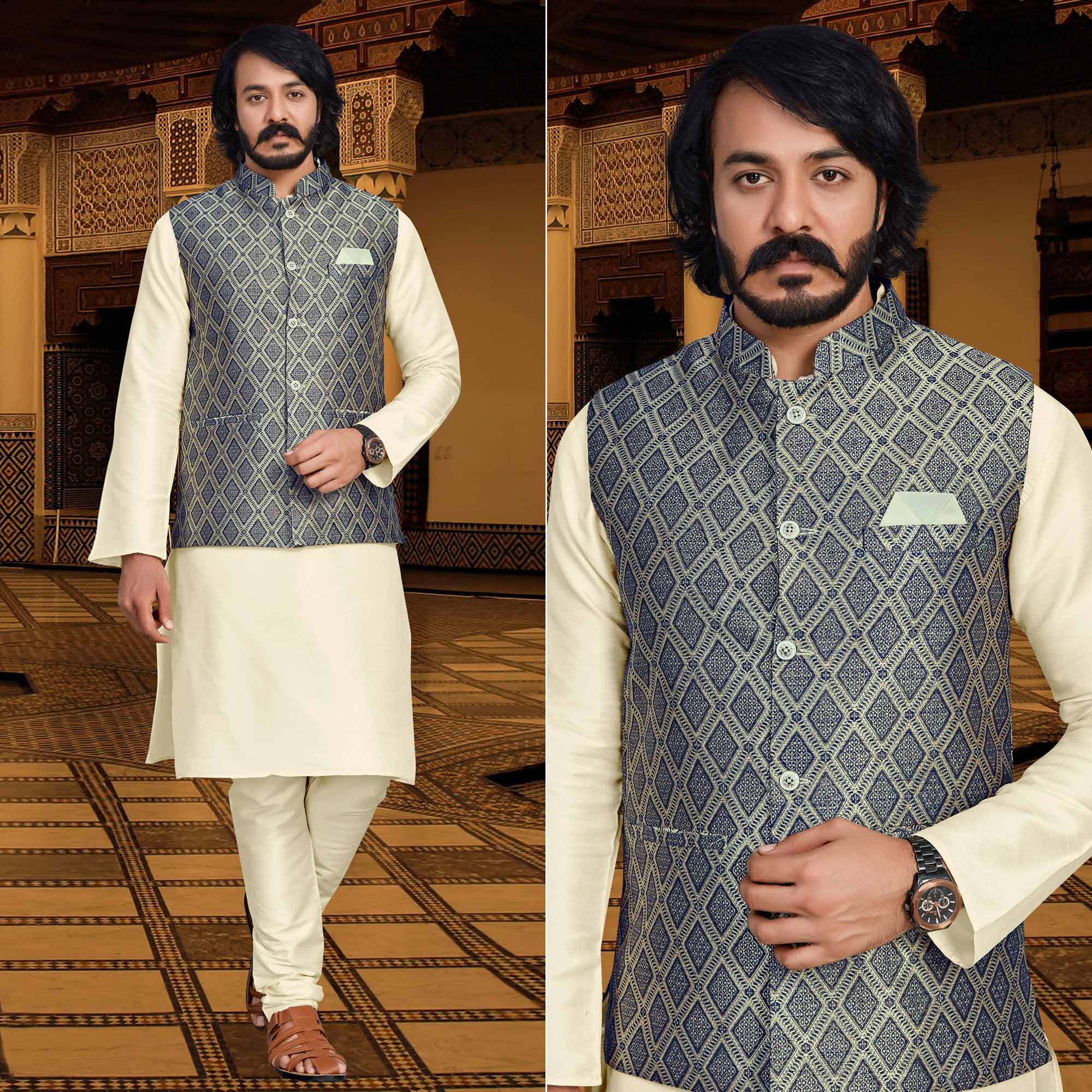 Peachmode Seller Cream Blue Woven Art Silk Kurta Pyjama Set With Jacket