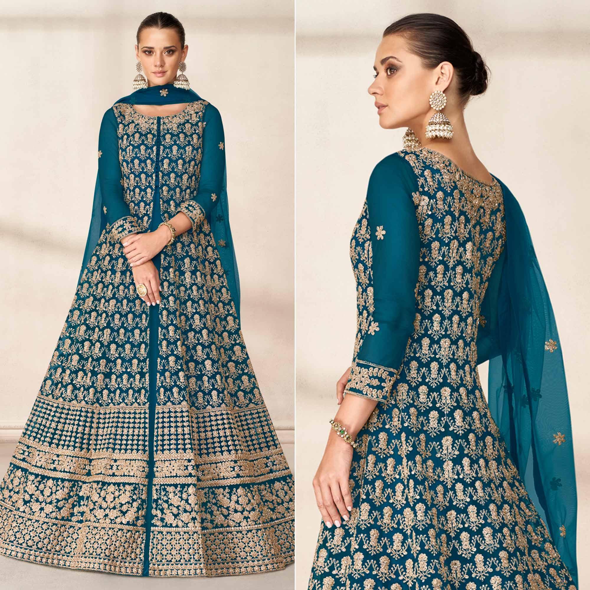 Peachmode Seller Morpich Floral Embroidered Net Anarkali Style Gown