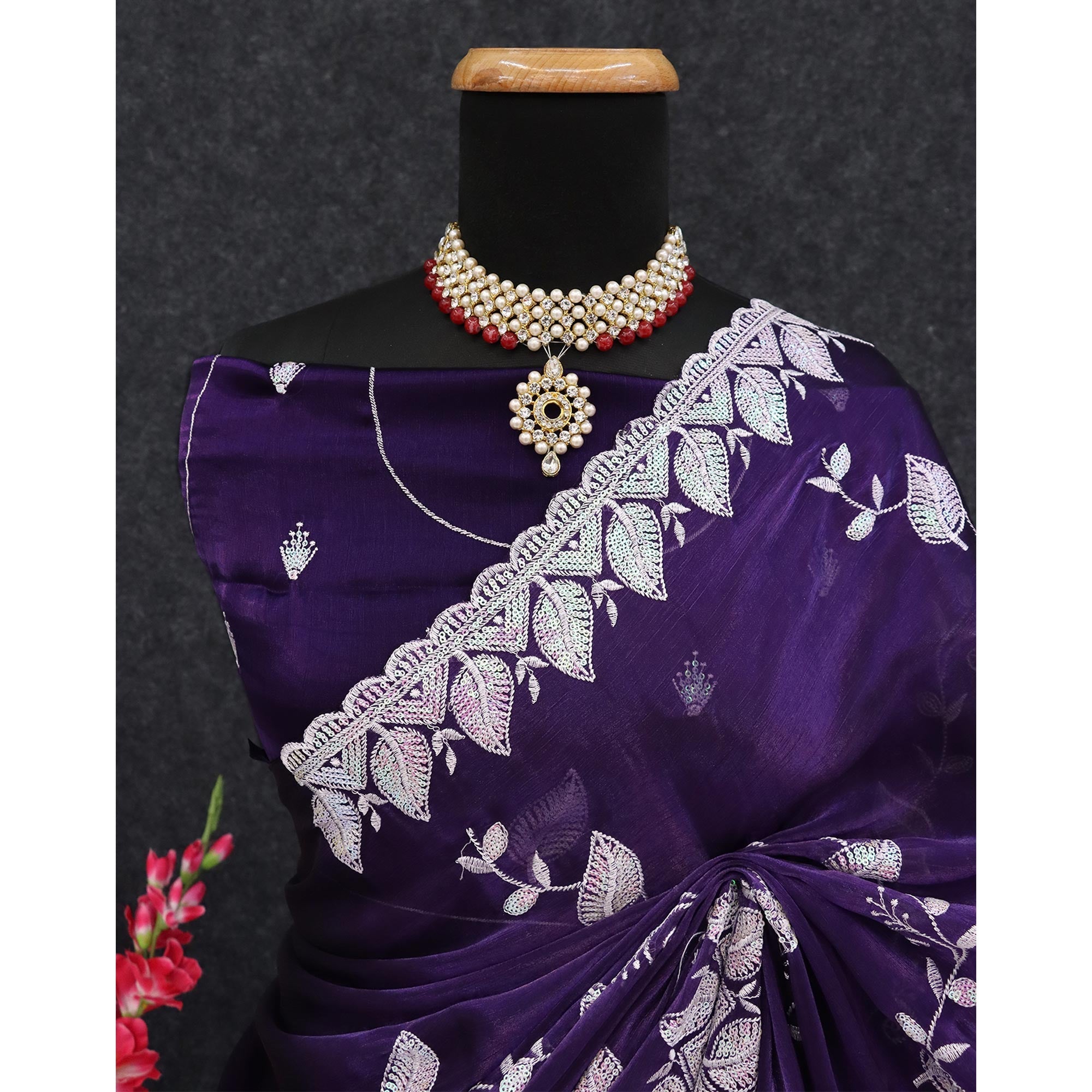 Peachmode Purple Sequins Embroidered Chiffon Saree - view 6