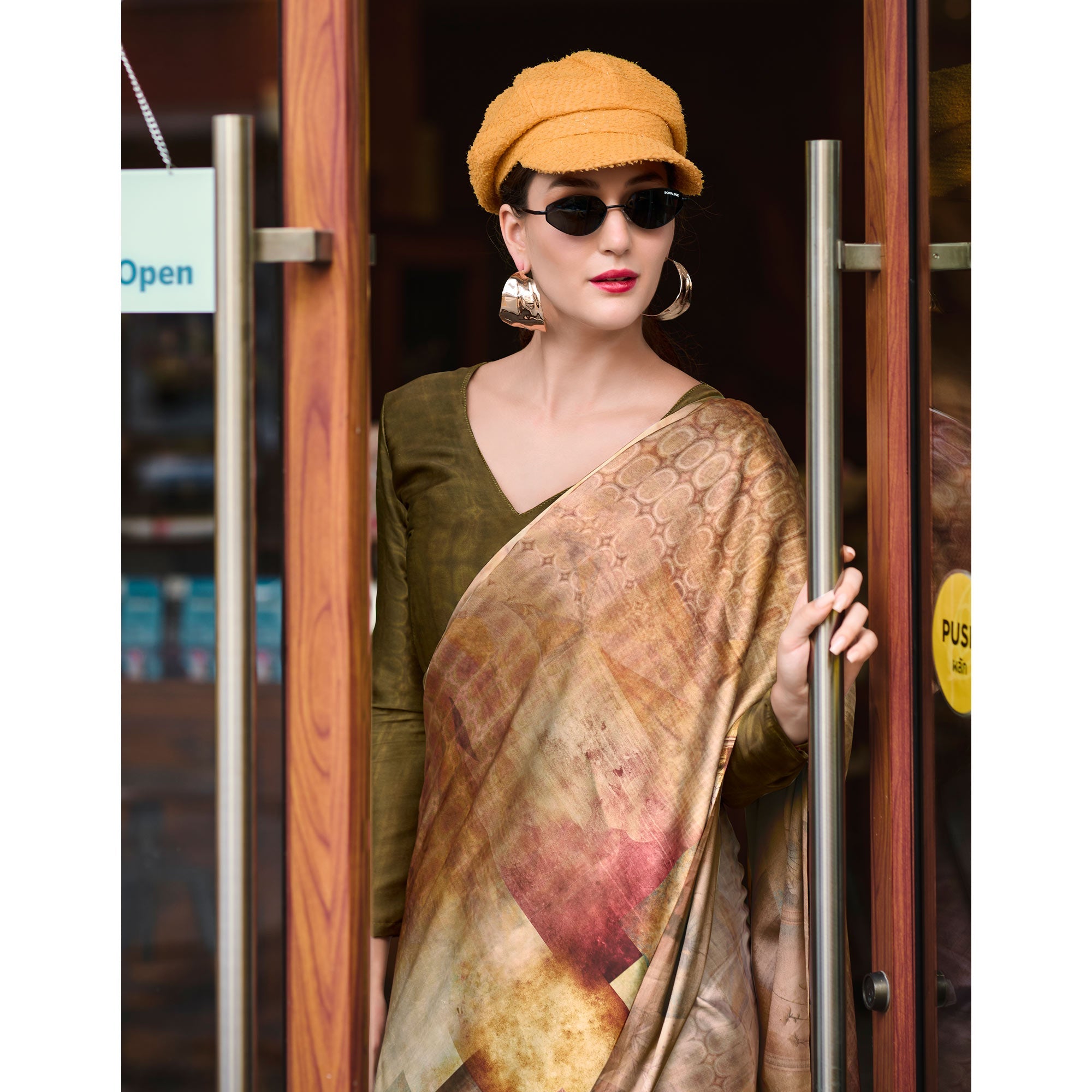 Peachmode Chikoo Digital Printed Pure Satin Saree - view 5