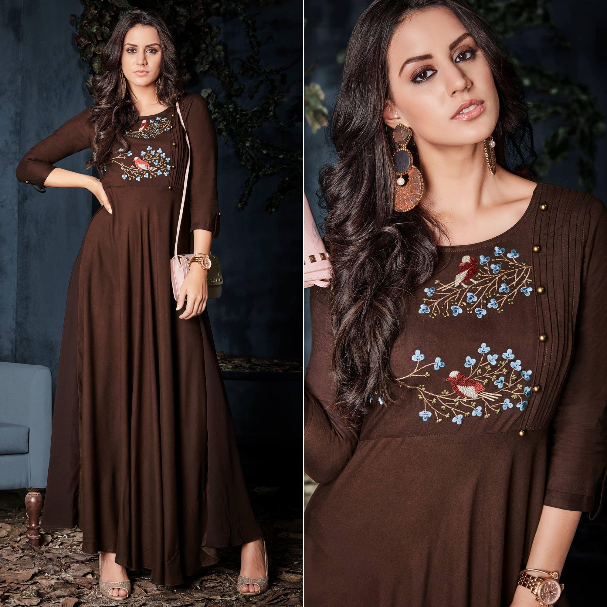 Peachmode Seller Brown Floral Embroidered Rayon Long Kurti
