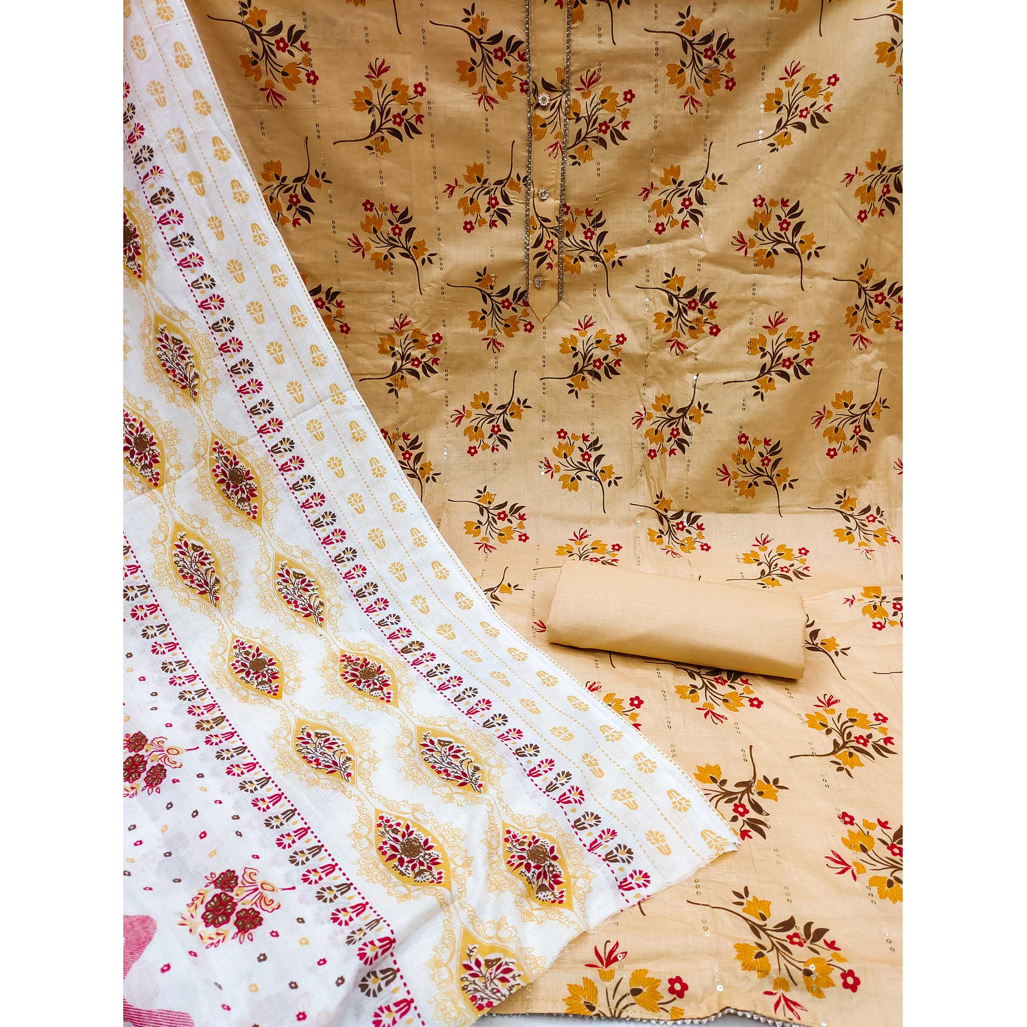 Peachmode Cream Floral Printed With Embroidered Pure Cotton Dress Material - view 3