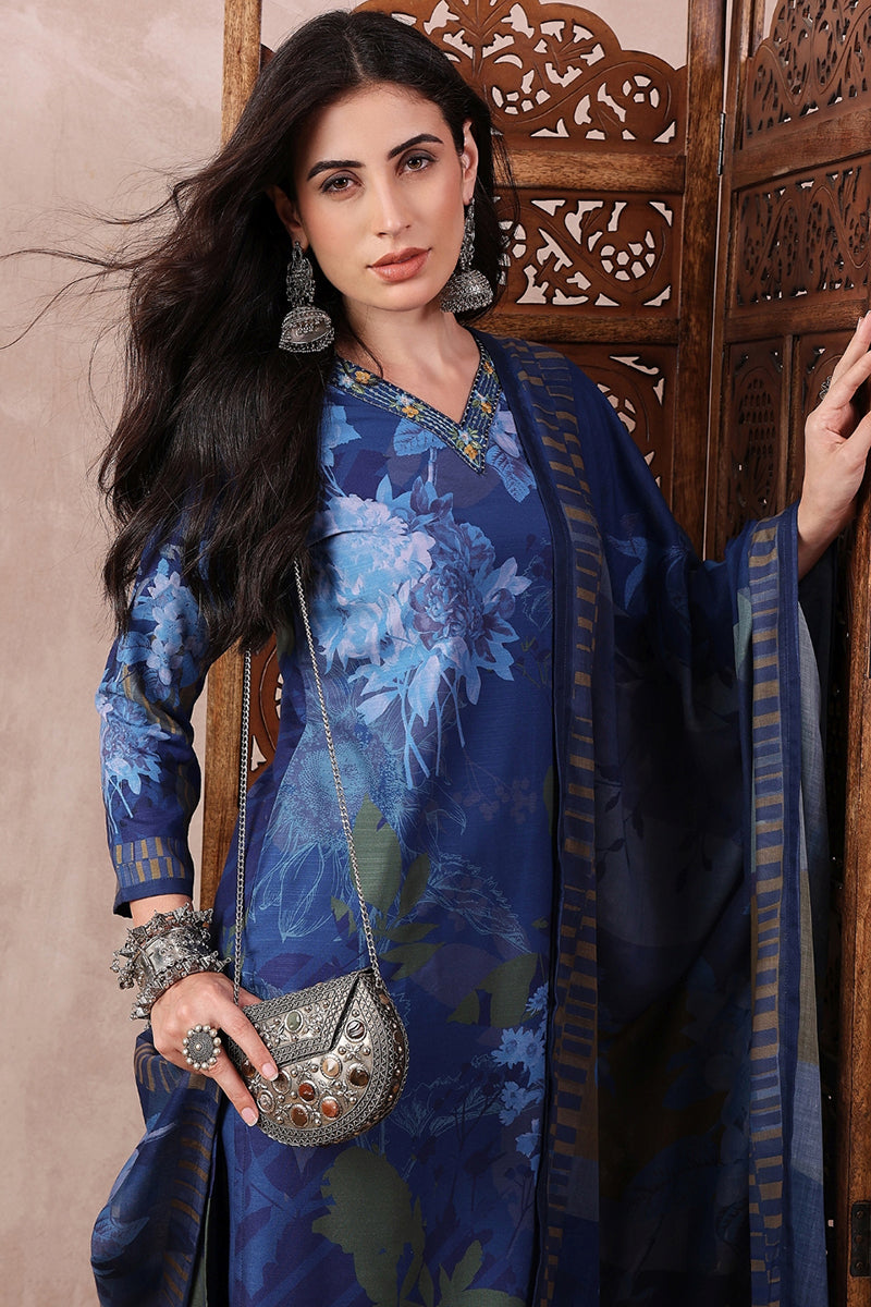 Ahika Blue Rayon Blend Floral Printed Straight Trouser Bottom Suit Set PKSKD2555BLU