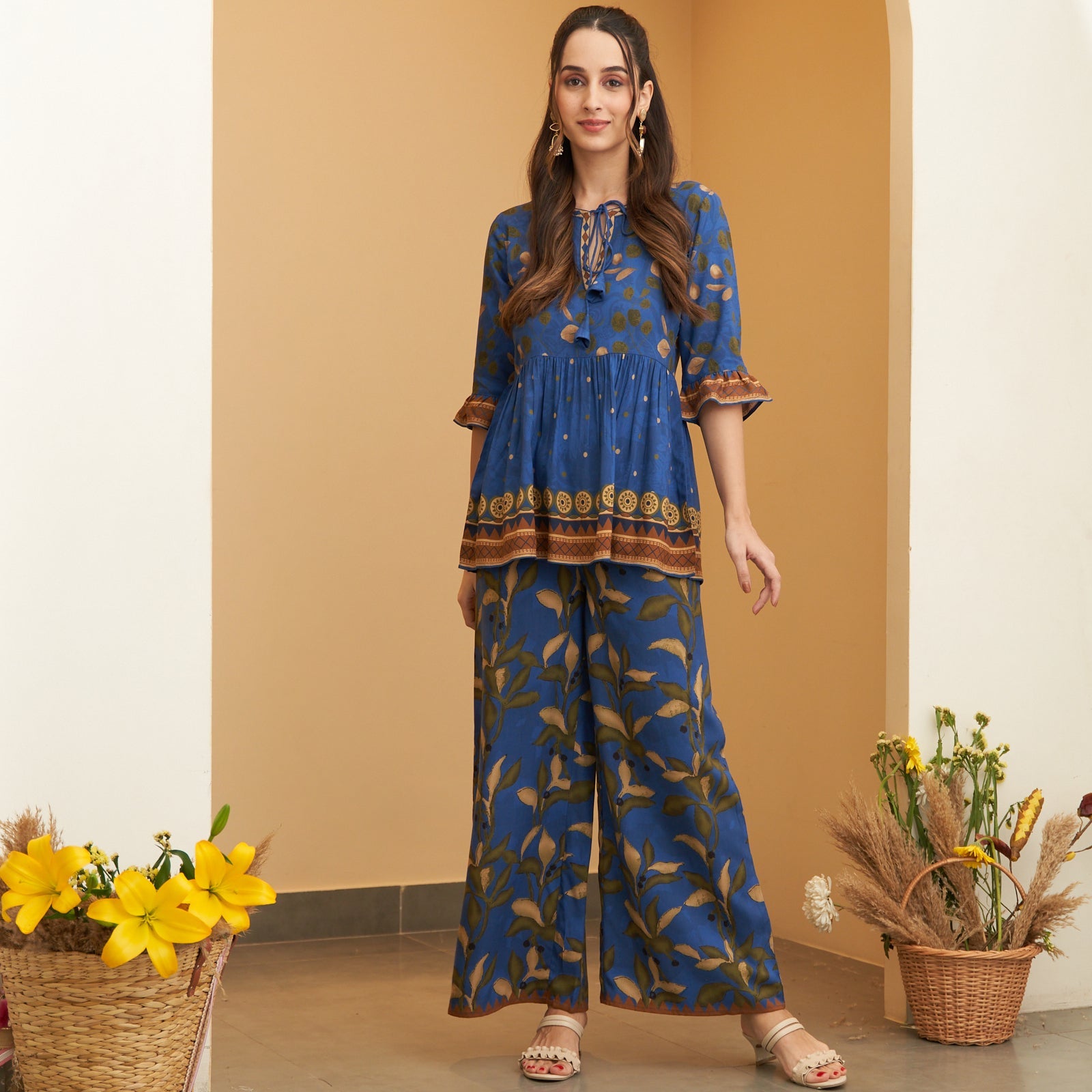 BlackTree Blue Leaf Printed Peplum Top and Pant Set