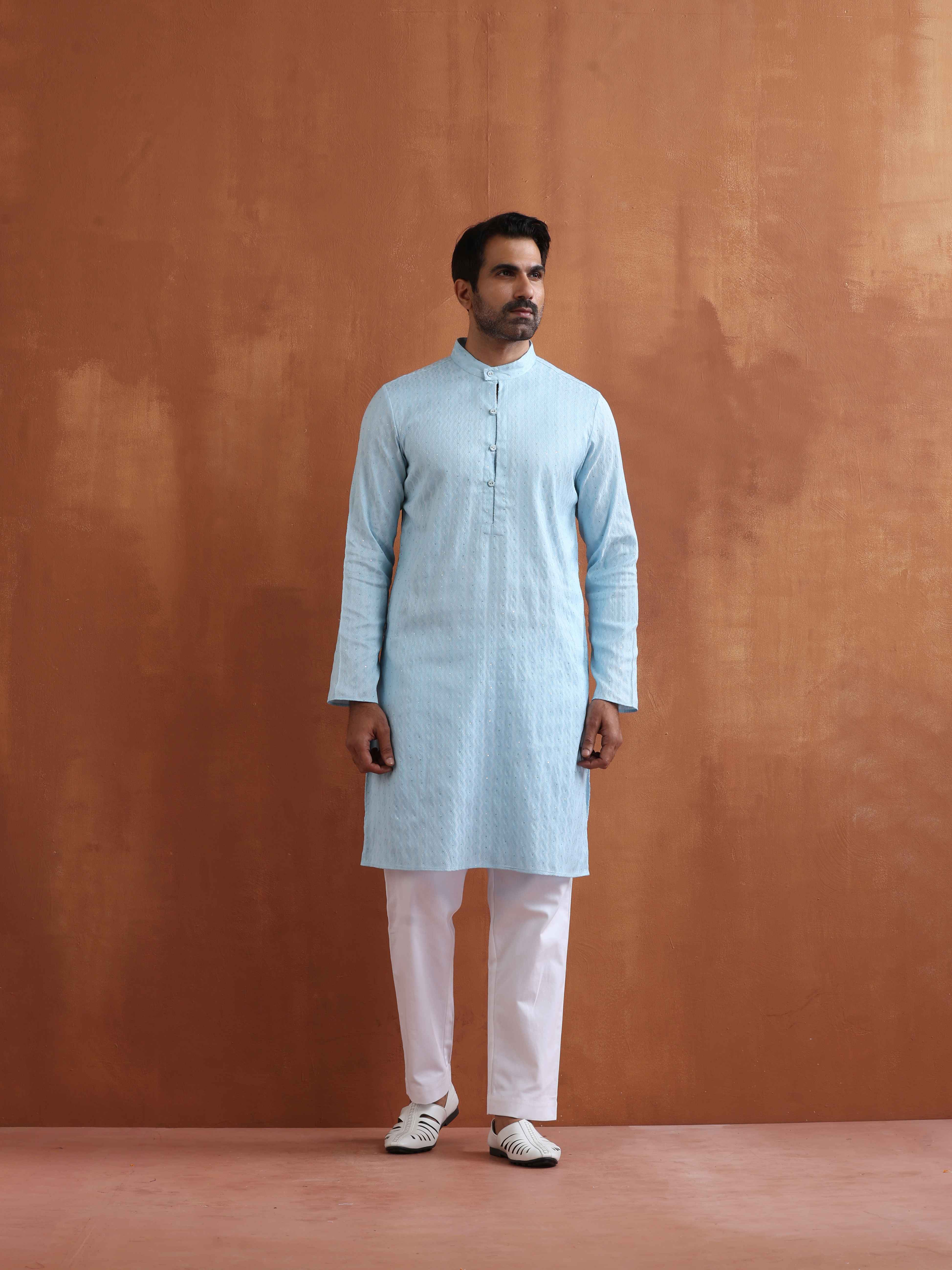 trueBrowns Men's Blue Sequin Chanderi Kurta - view 7