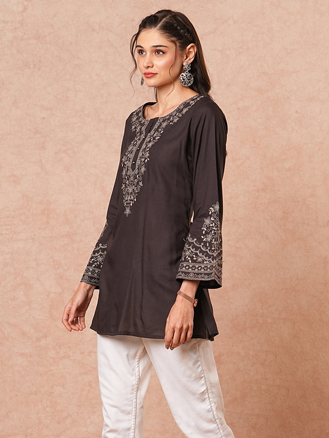 Fashor Solid Floral Sequin Embroidered A-Line Short Kurti - Black - view 5