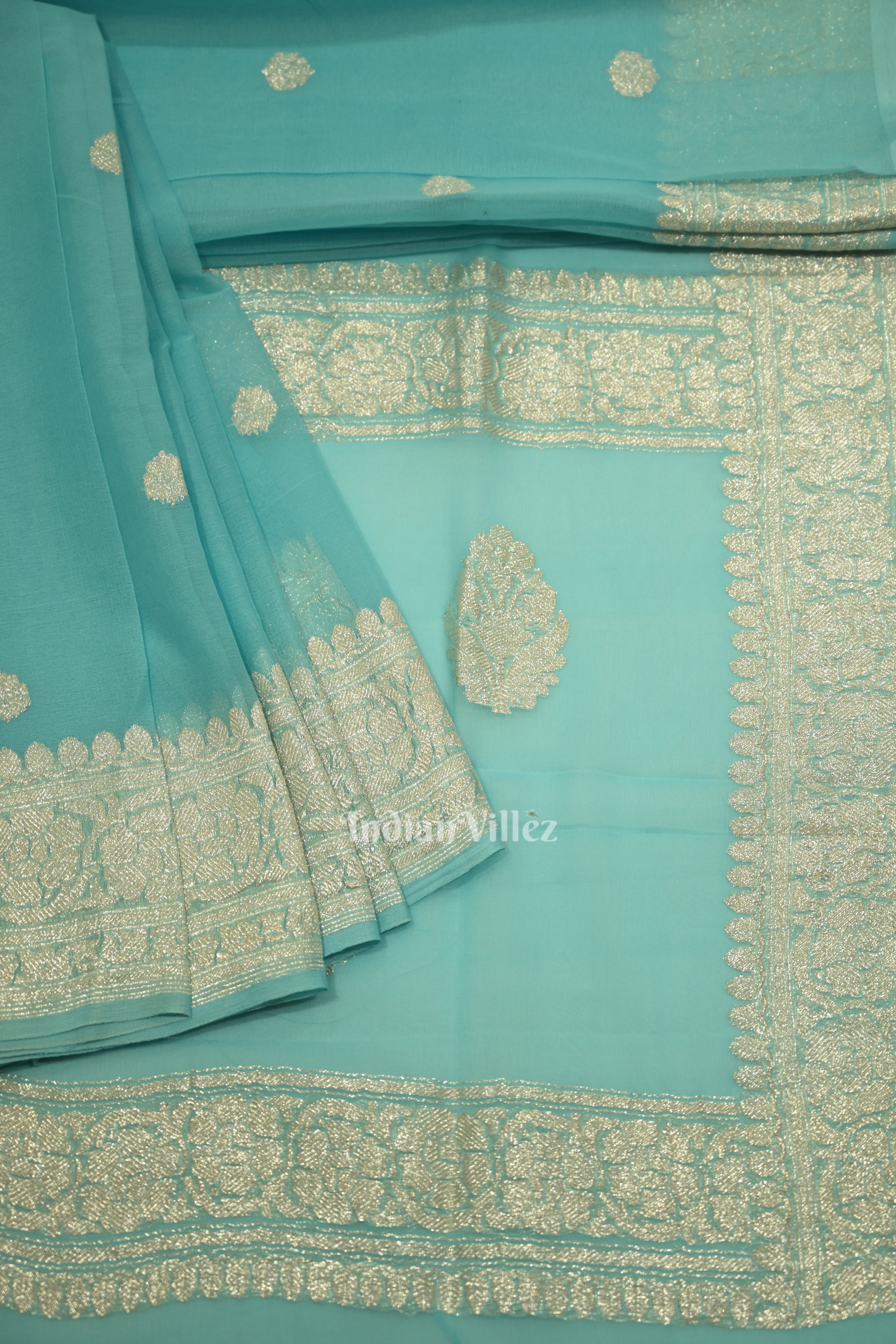IndianVillèz Light Blue Pure Khaddi Chiffon Banarasi Saree