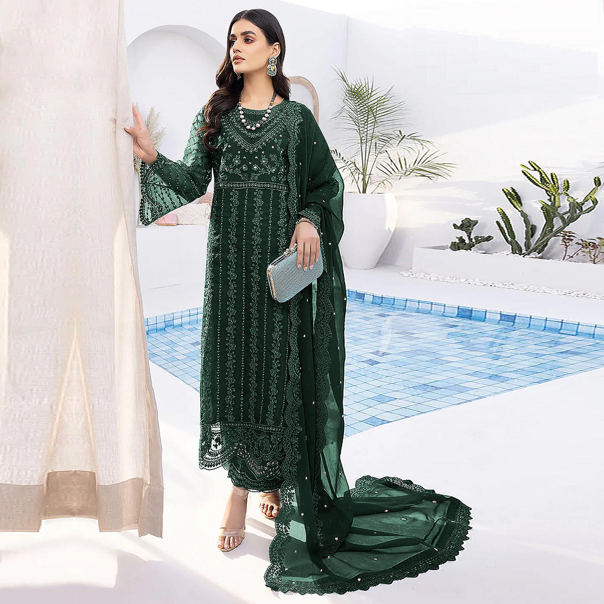 Peachmode Bottle Green Floral Embroidered Organza Semi Stitched Suit - view 2