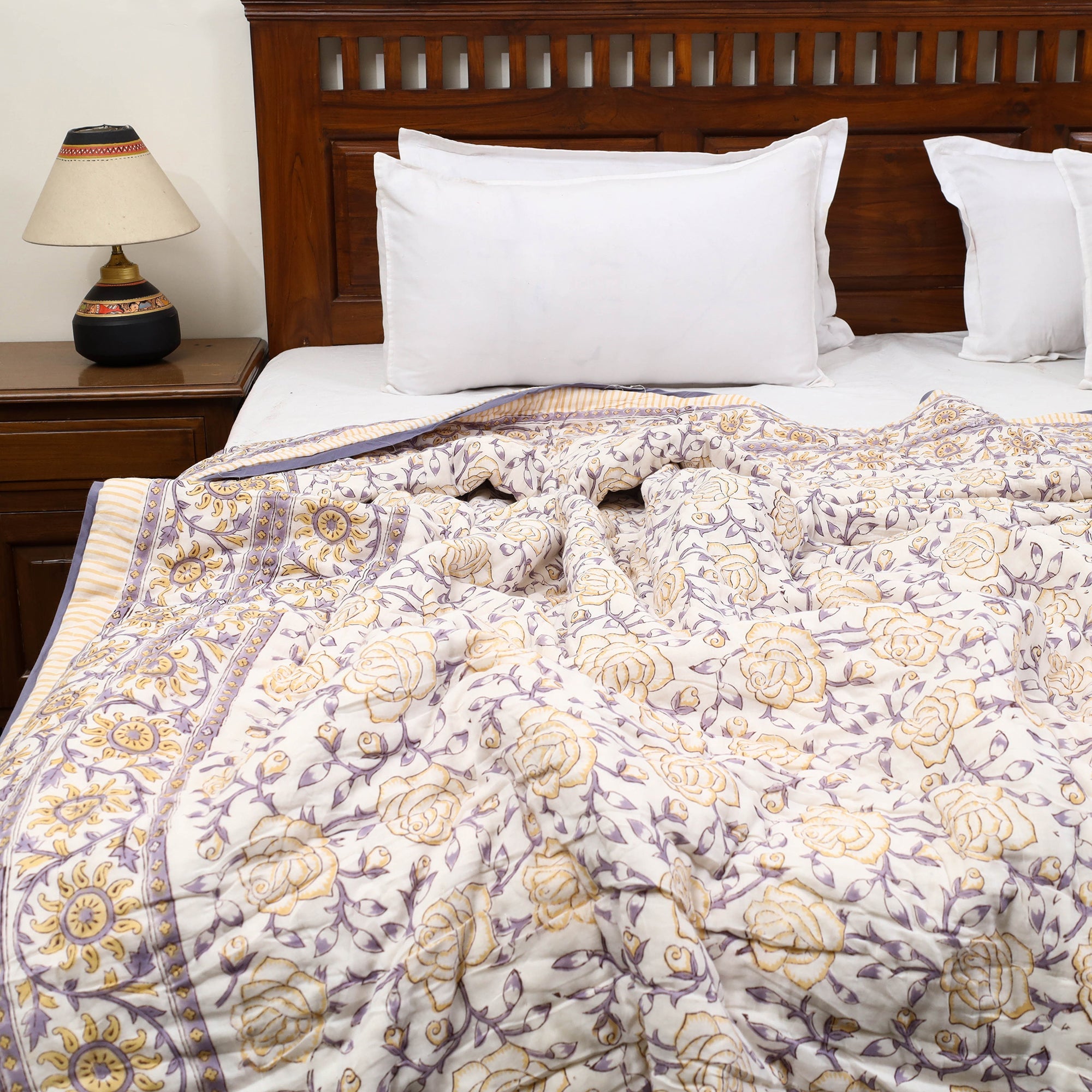 ARTISAN HAND BLOCK PRINTS Beige - Sanganeri Reversible Double Soft Cotton Quilt/Blanket 38 - view 3